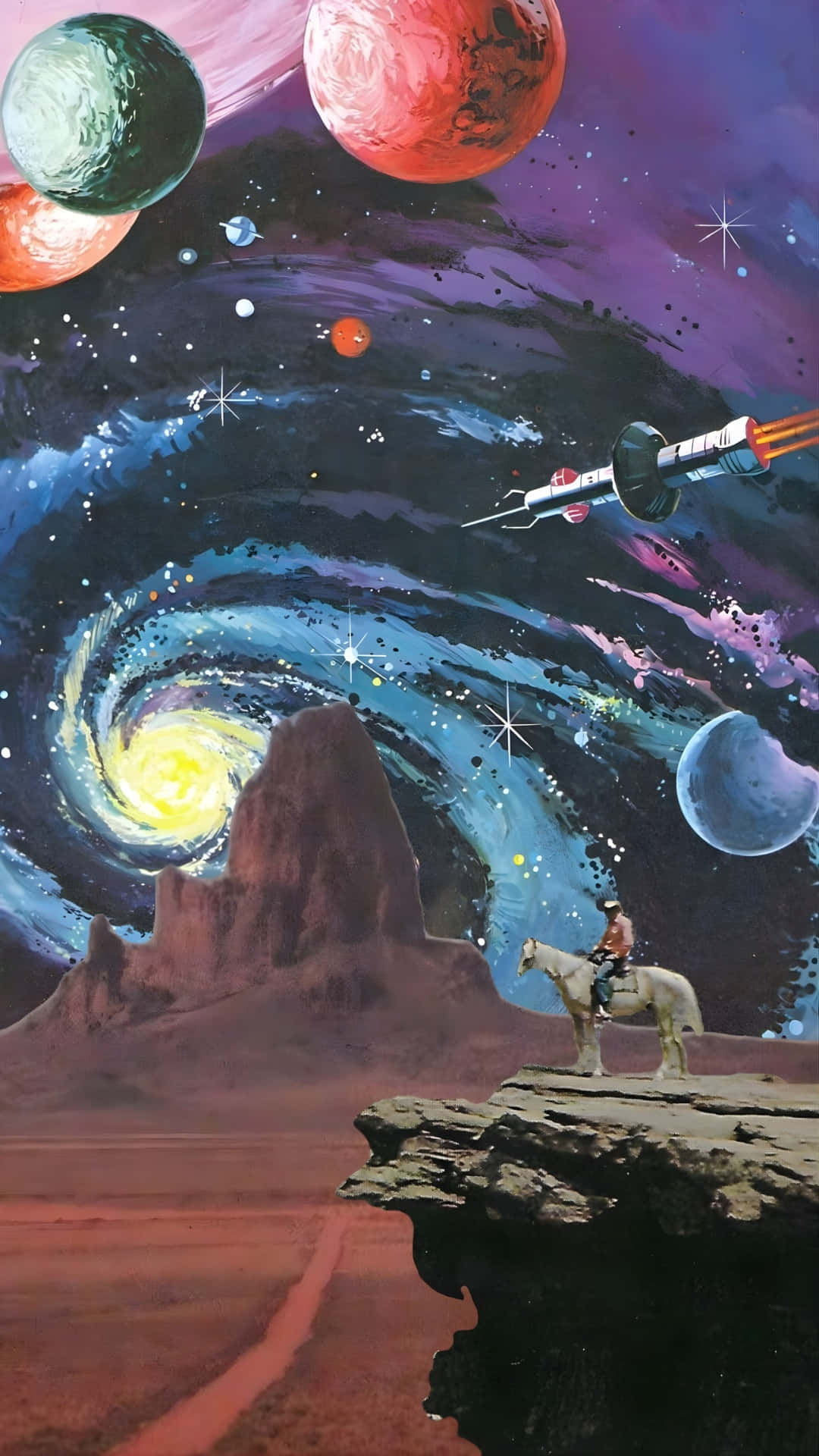  壁紙 — 一位孤獨的騎手騎著白馬，凝視著星空中旋轉的星系和漂浮的行星。