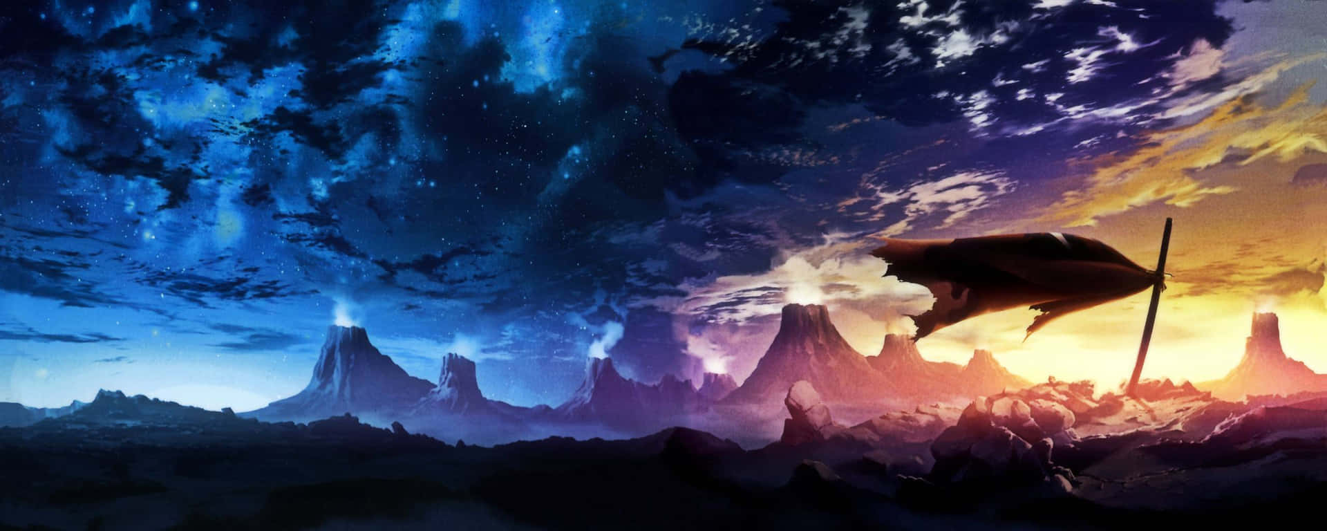 帆船在神秘的暮色海洋上，星空與山巒剪影。