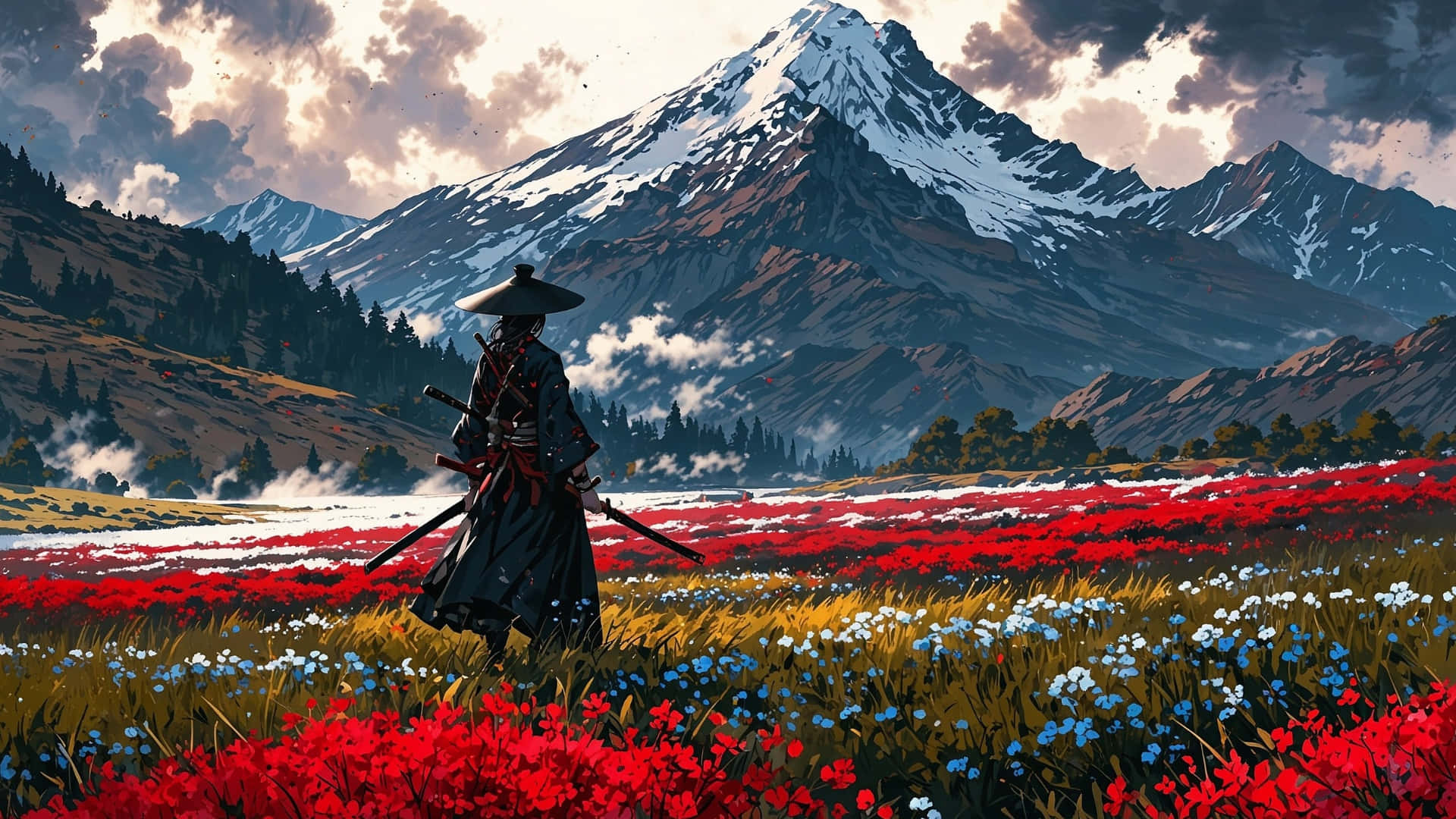  壁紙 — 一位孤獨的武士身穿深色長袍，走過一片充滿活力的紅、白、藍色花田，背後是雲層密布的天空下白雪覆蓋的山脈。