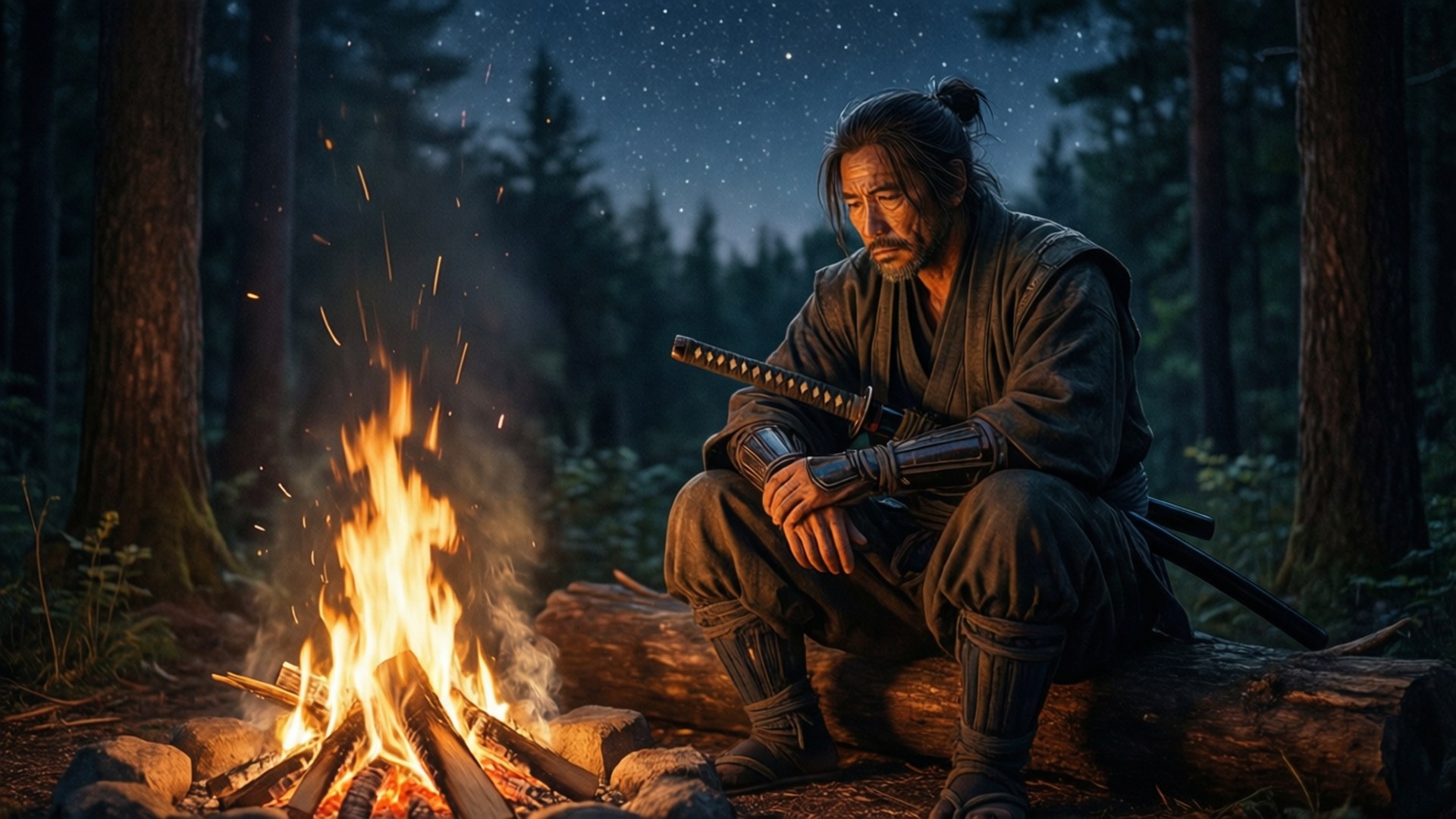 武士戰士夜晚在森林中坐在營火旁，星空下