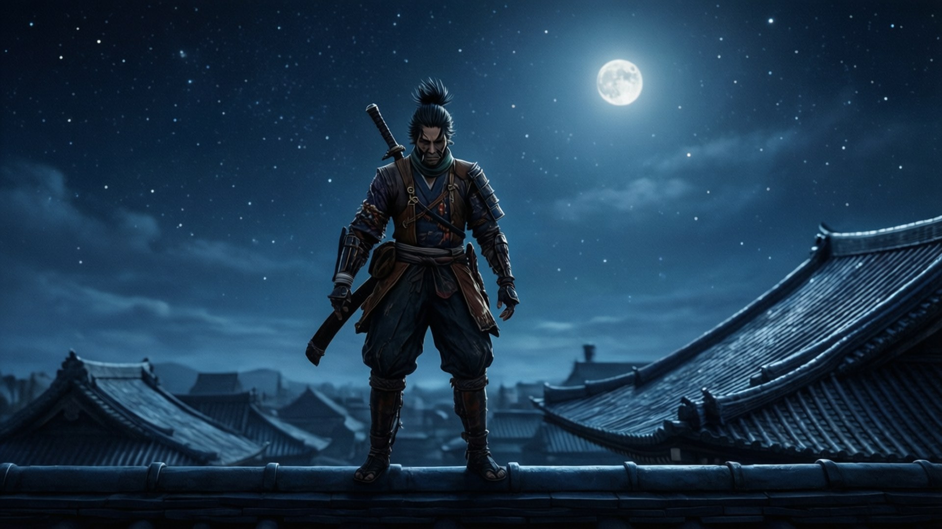 武士在屋頂上，滿月與星空下