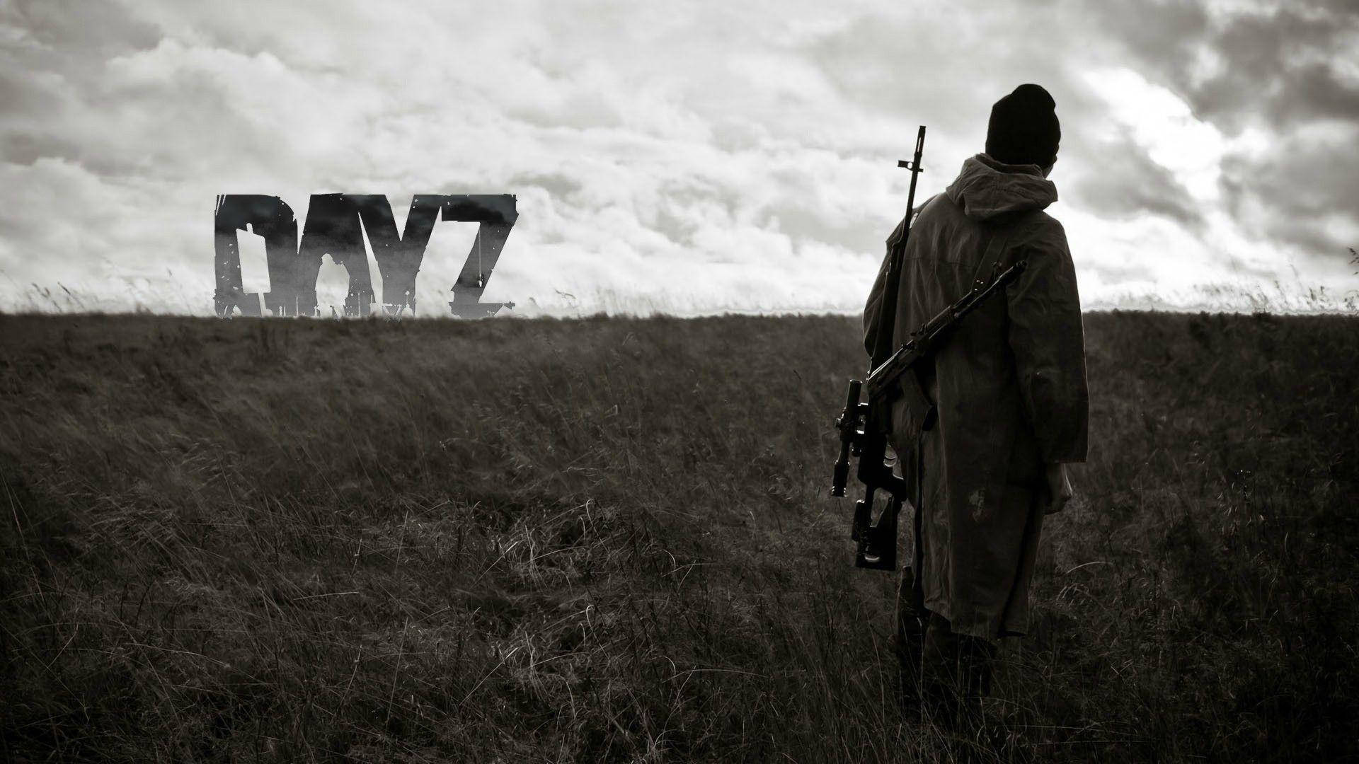 一名持步槍的士兵站在田野中，面對著陰雲天空下的「DAYZ」這個詞。