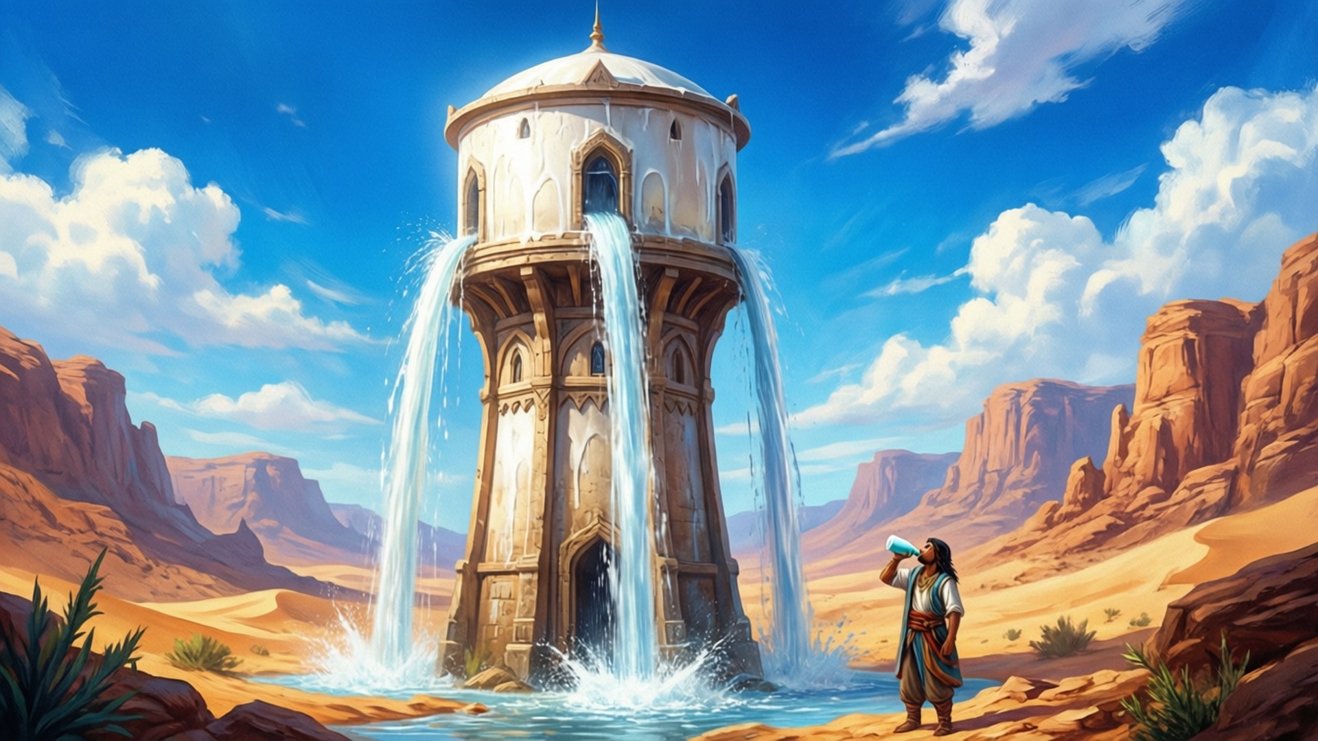 Water of Life 壁紙 — 一位孤獨的旅行者在陽光明媚的沙漠峽谷中，從華麗塔樓傾瀉而下的雄偉瀑布下的水池中飲水。
