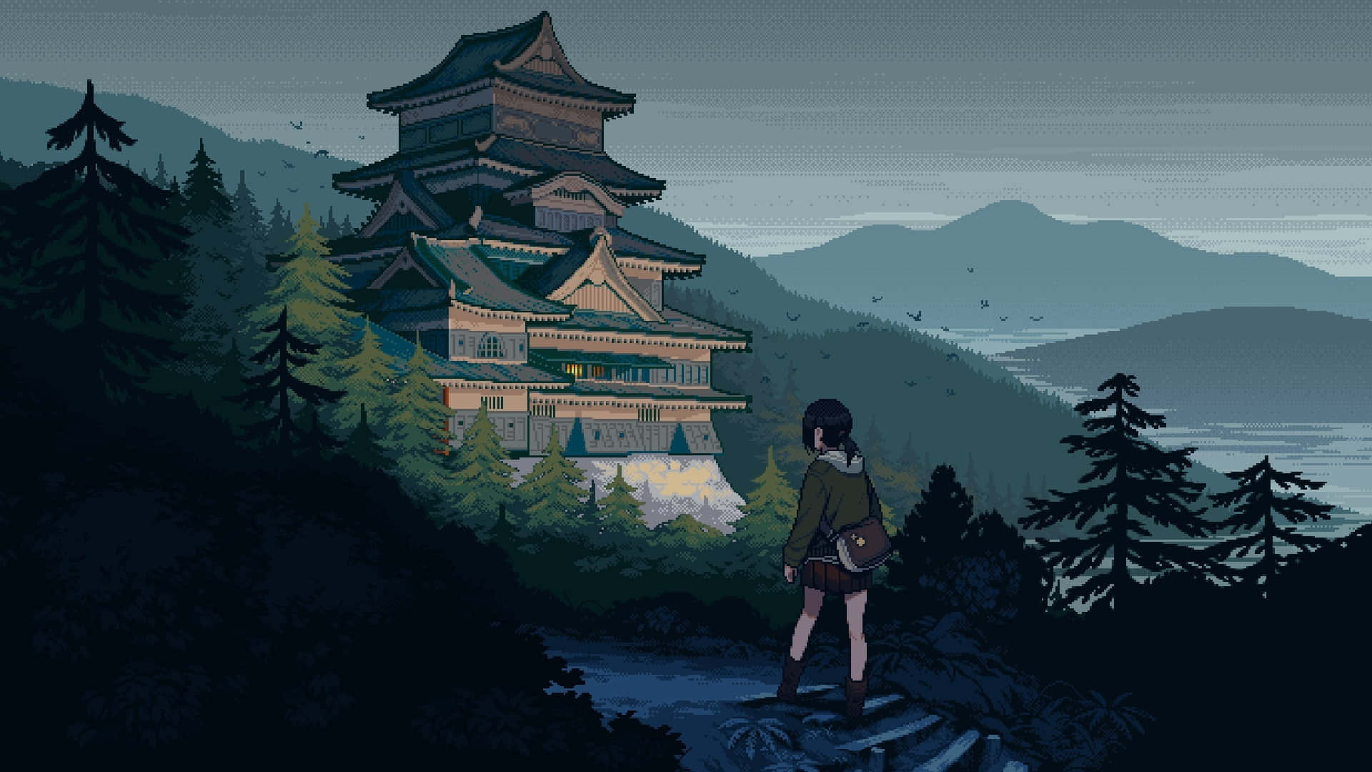  壁紙 — 一位孤獨的旅人站在森林小徑上，凝視著黃昏時分坐落在山坡上的雄偉傳統日本城堡。