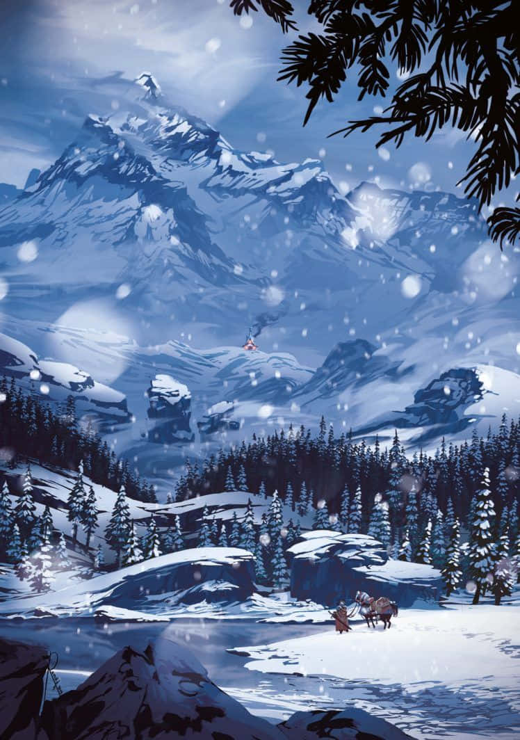  壁紙 — 一位孤獨的旅人帶著一匹馬穿越白雪覆蓋的山谷，雪花飄落，遠處是高聳的山峰和常青樹。