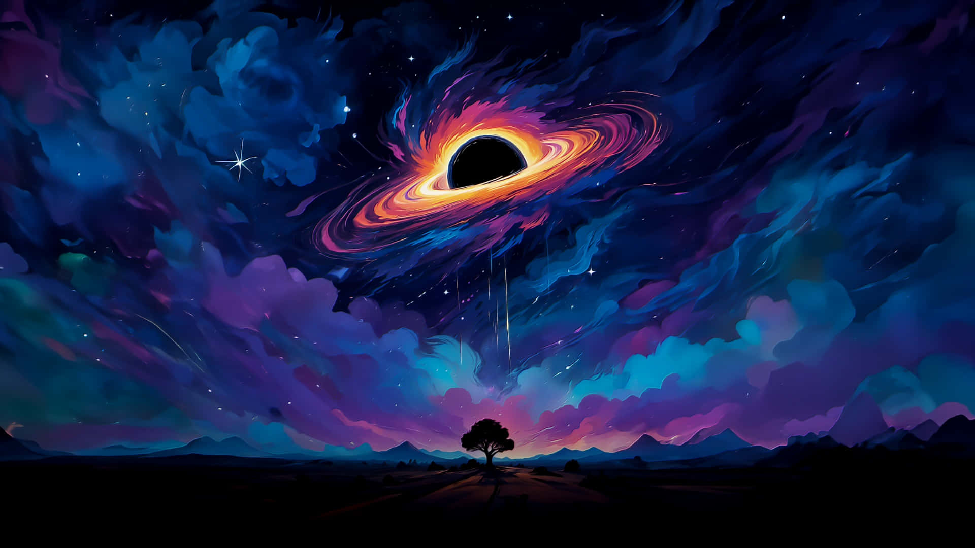  壁紙 — 一棵孤獨的樹矗立在宇宙天空下，一個發光的黑洞帶著火環在深藍色和紫色星雲中旋轉。