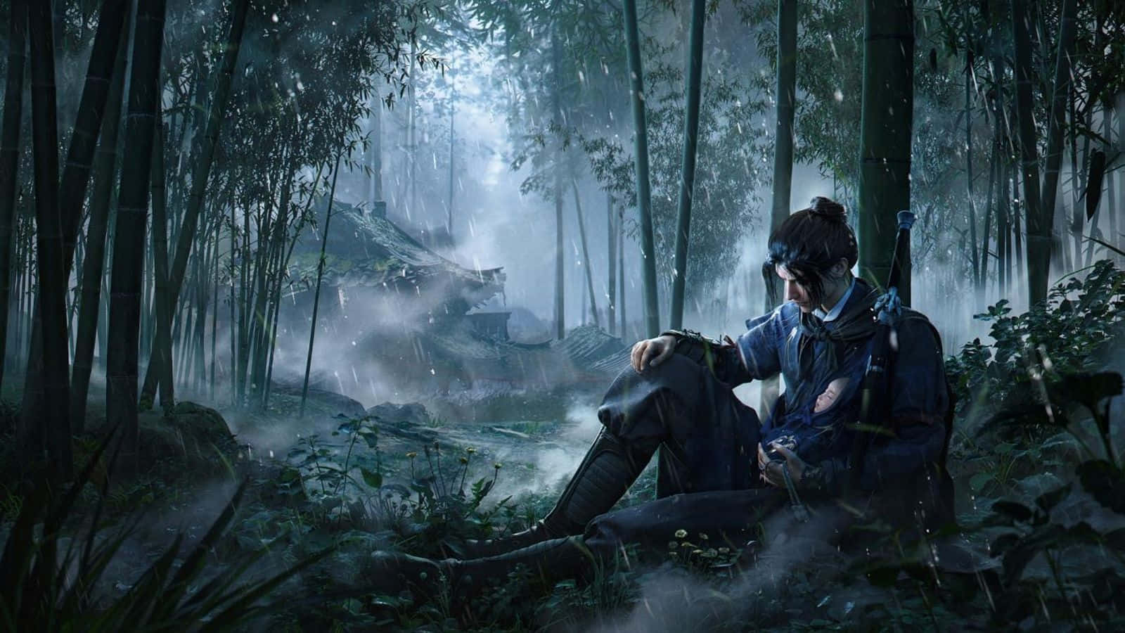  壁紙 — 一位孤獨的戰士在夜晚坐在霧氣瀰漫的竹林中，手持劍，周圍下著雨。