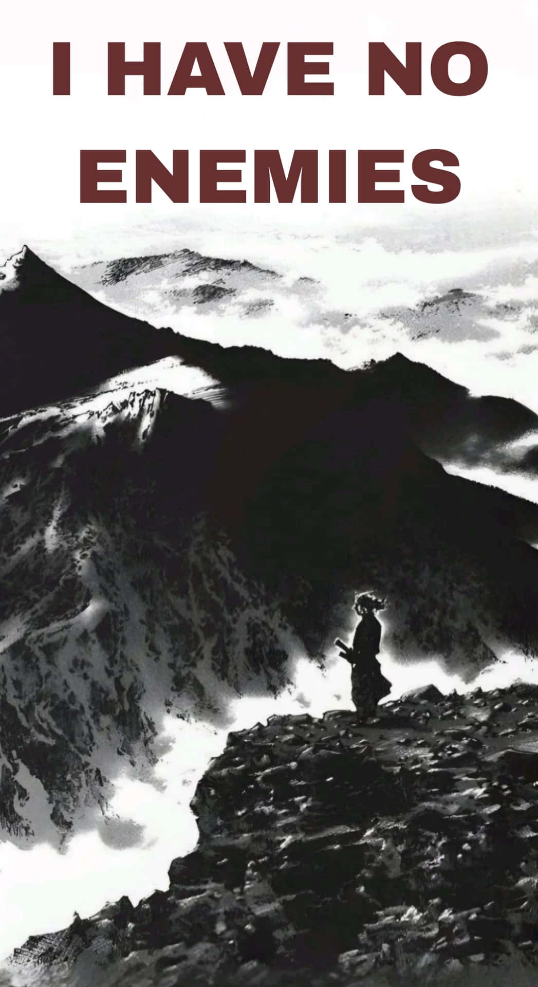  壁紙 — 一個孤獨的戰士站在風暴雲下積雪的山頂上，粗體文字宣告沒有敵人。