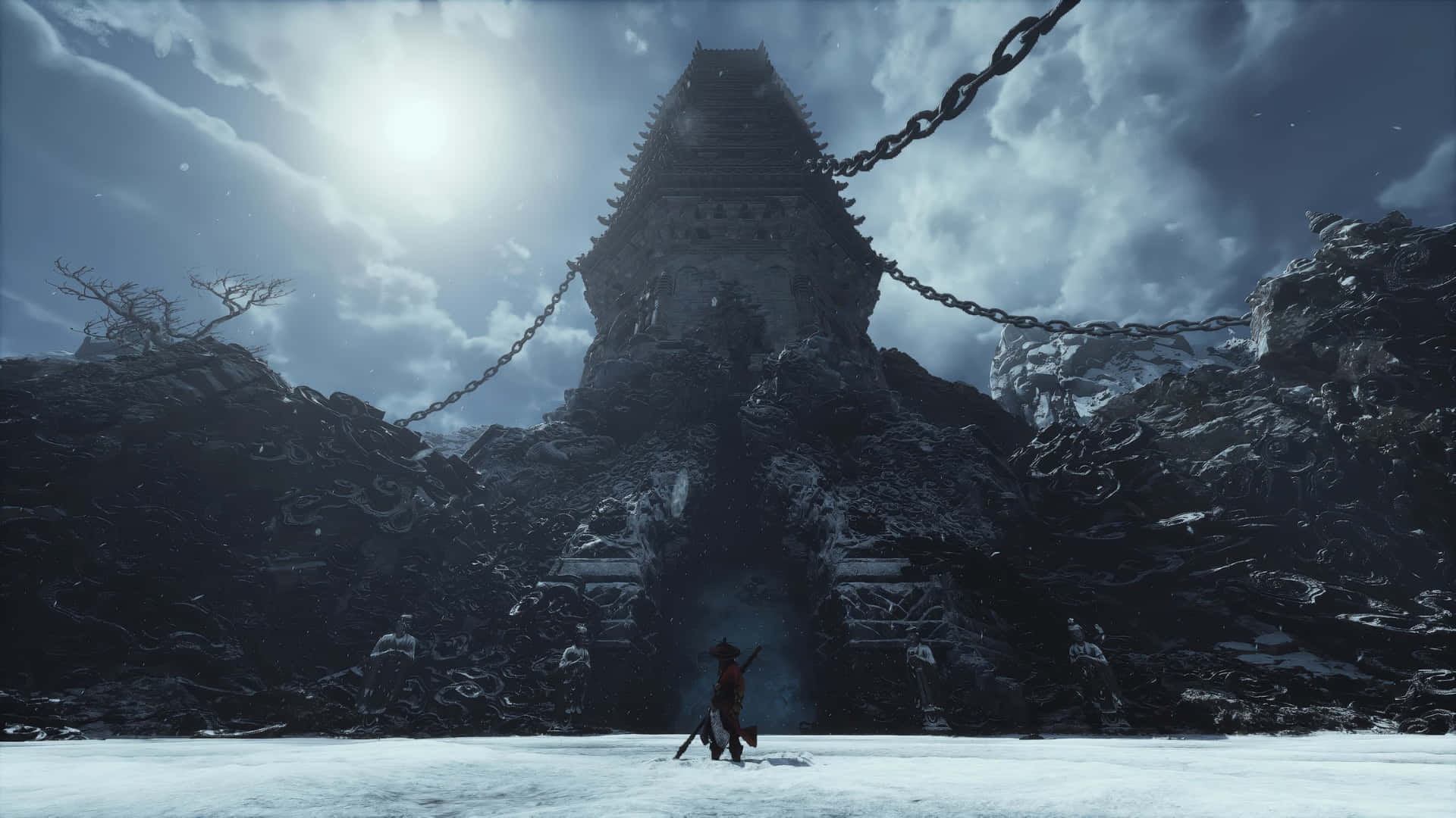  壁紙 — 一名孤獨的戰士站在一座被鎖鏈拴在山上、覆蓋著白雪的寶塔前，陽光普照。