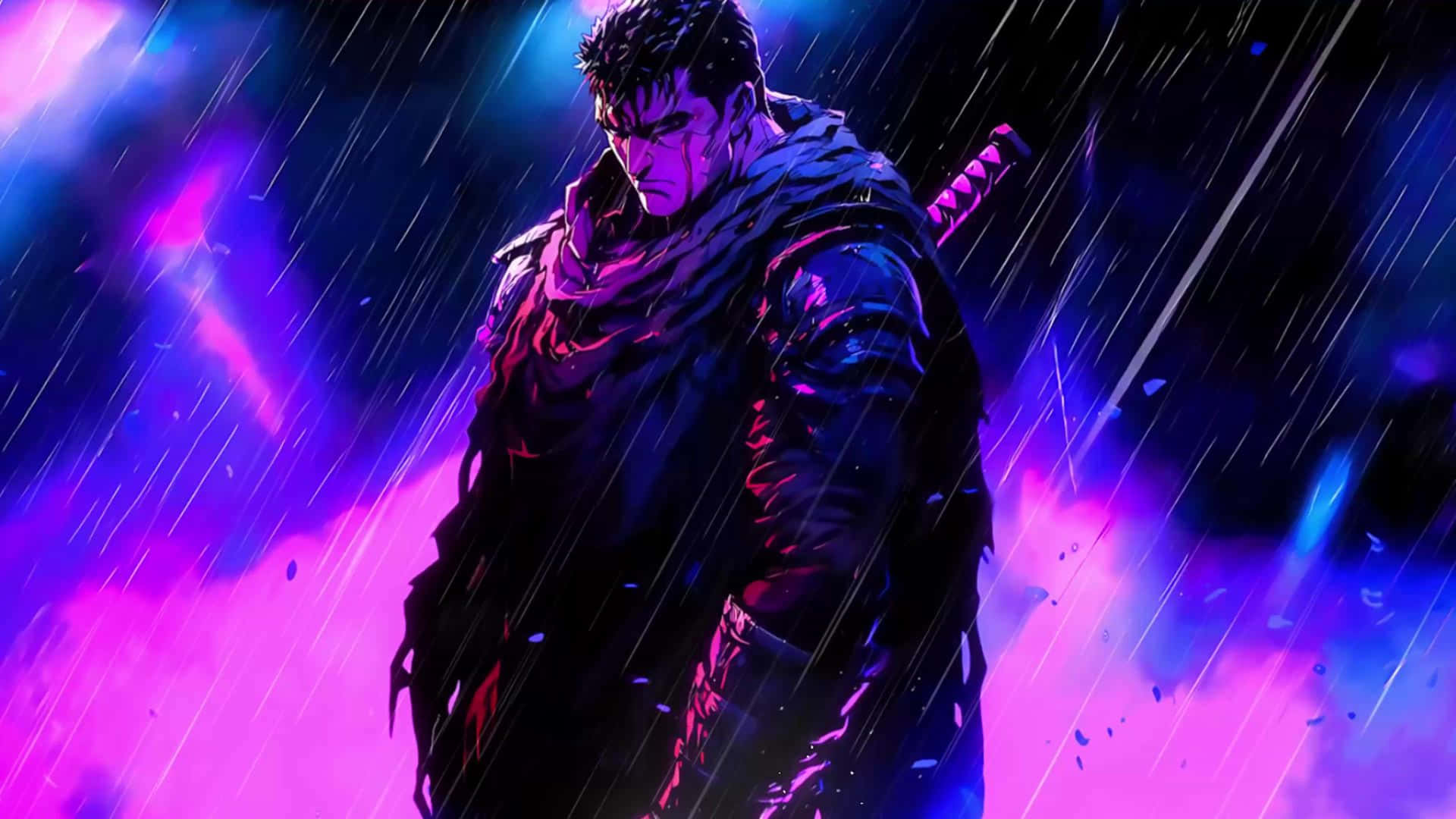  壁紙 — 一個孤獨的戰士手持劍，在充滿霓虹燈的暴雨中，在充滿活力的紫色和藍色天空下挑釁地站立。