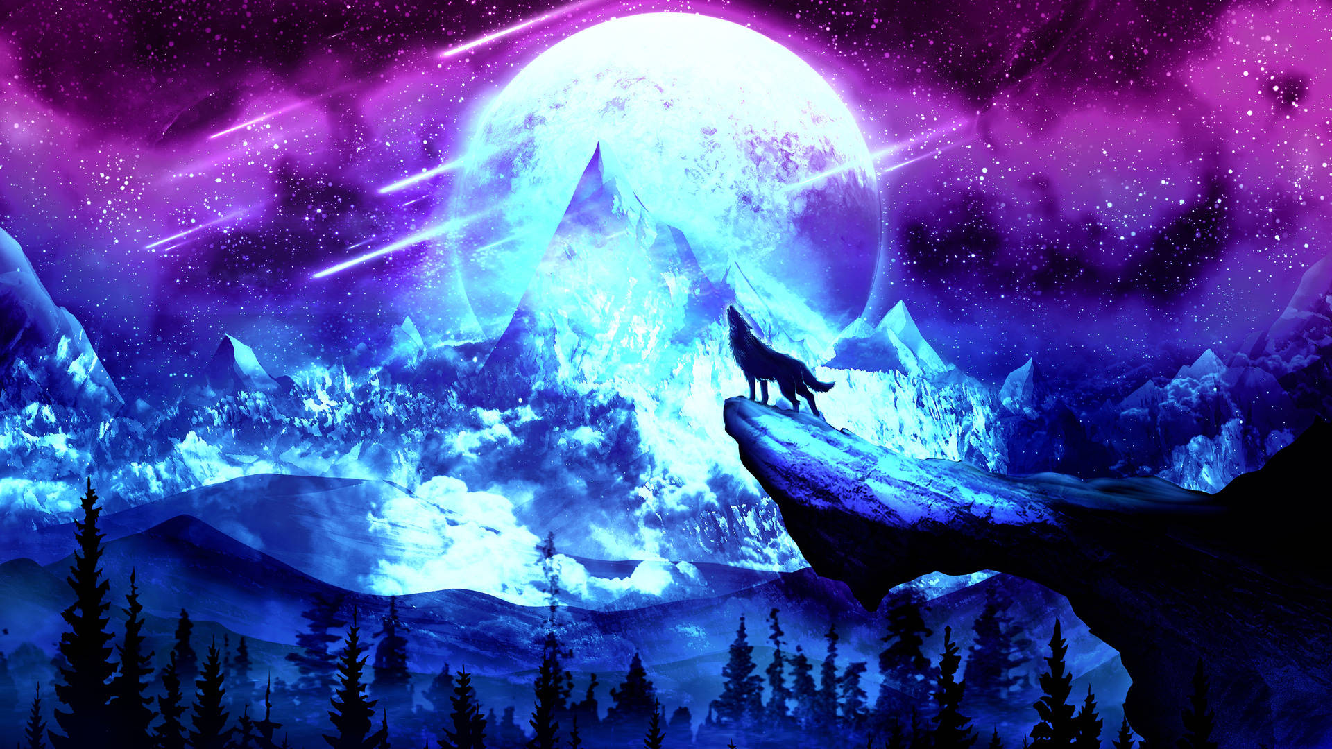 狼在懸崖上在發光的月亮下嚎叫的奇幻山景