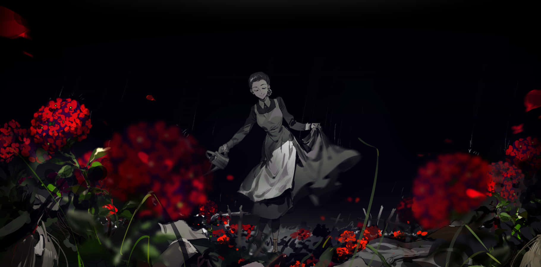 The Promised Neverland Isabella 桌布 壁紙 — 一個孤獨的女人穿著深色連衣裙，在黑色天空下走過一片發光的紅色花田。