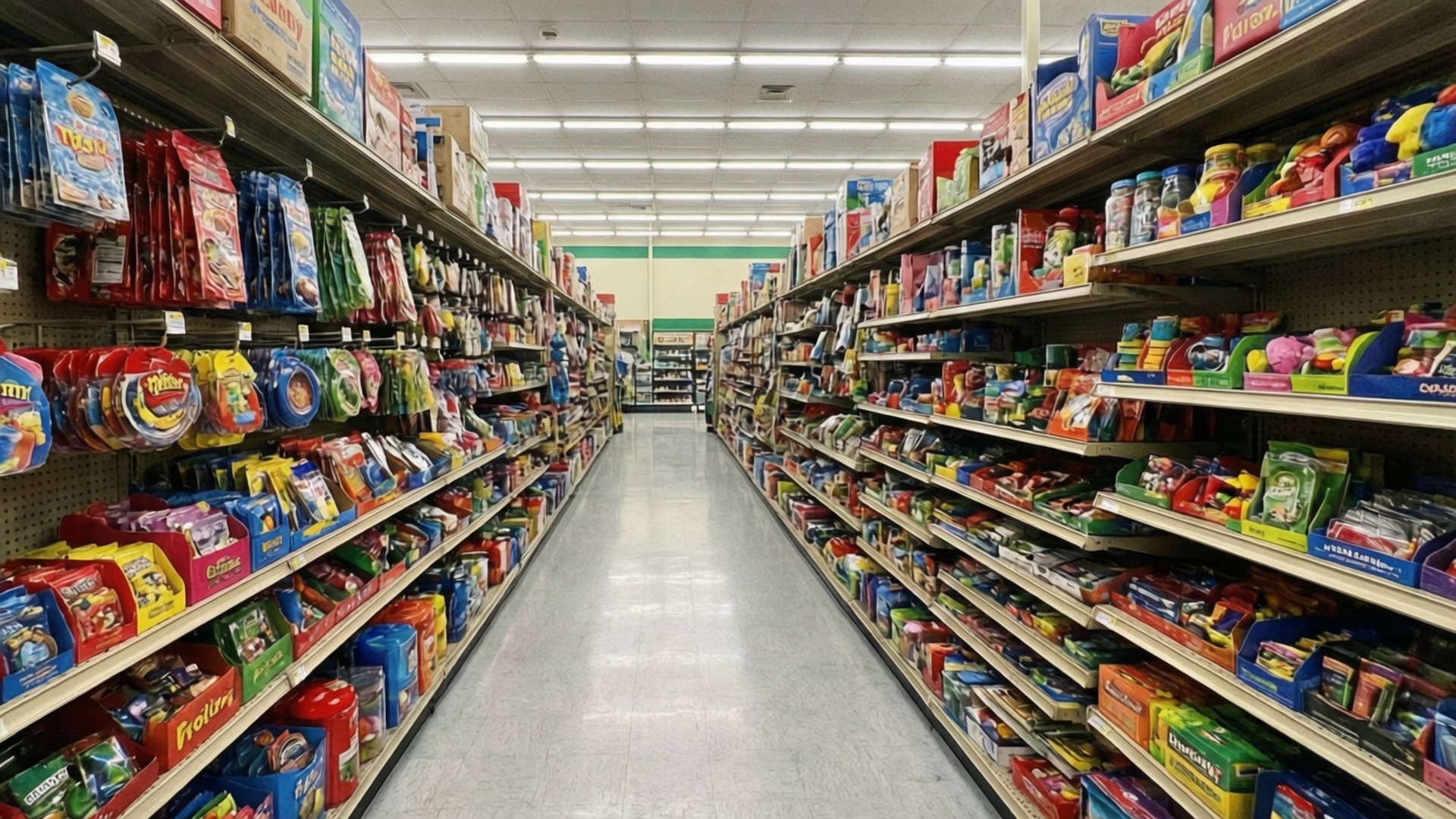 Store Aisle View 壁紙 — 一條長長嘅、光猛嘅超市通道，兩邊擺滿咗色彩繽紛嘅零食同玩具產品。
