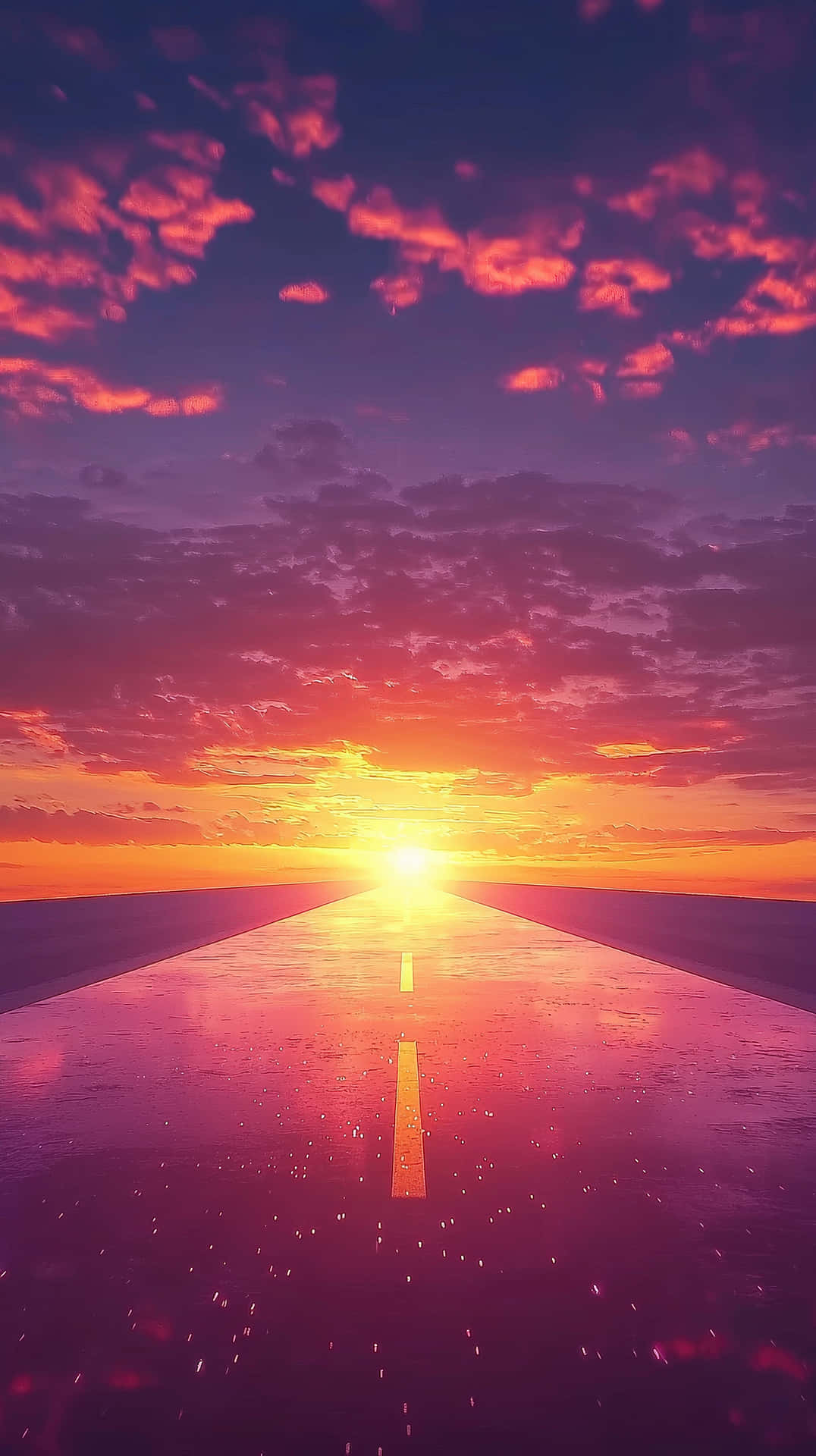 濕路上的日落，充滿活力的橙色和紫色天空及雲彩倒影