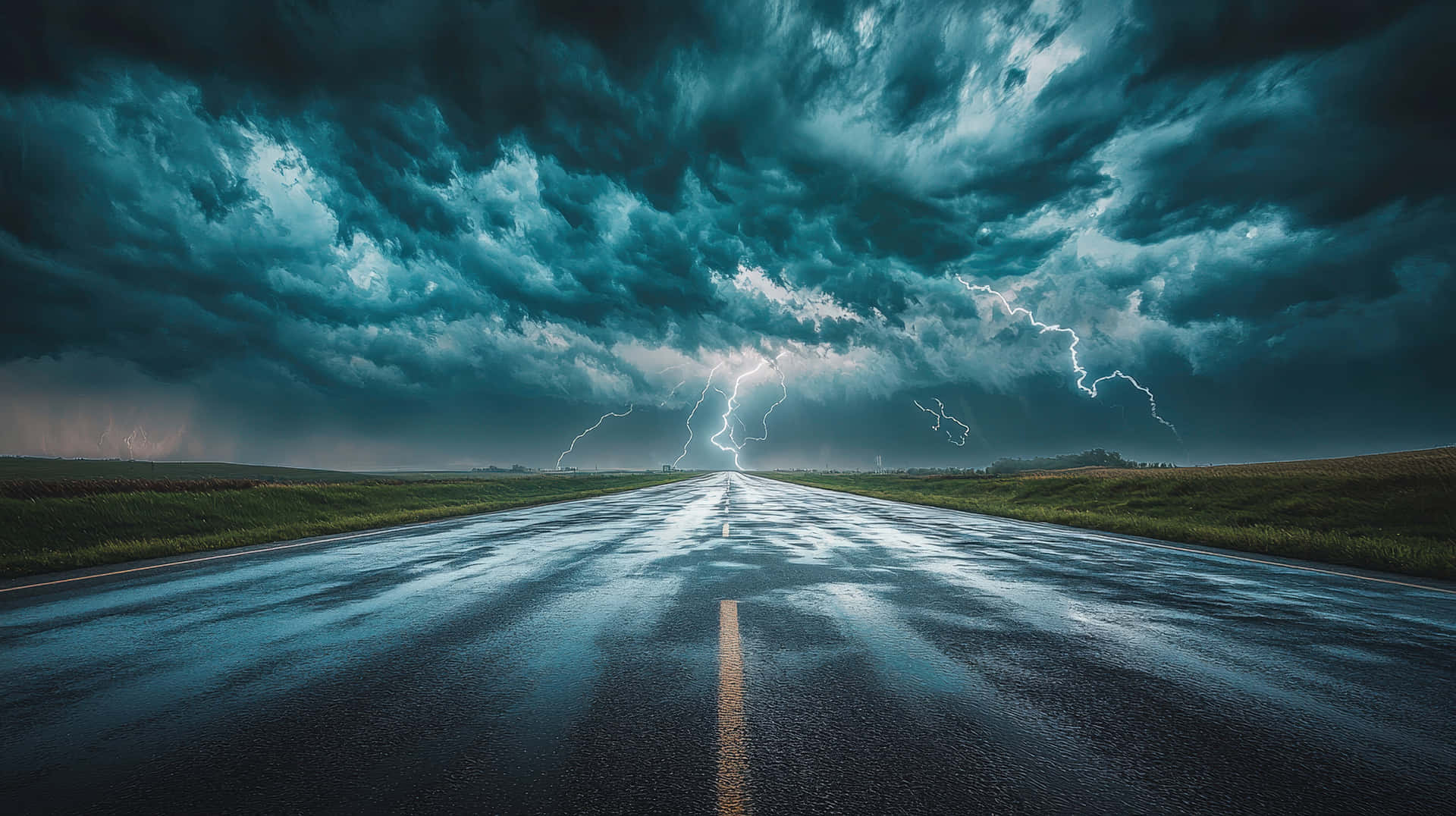 暴風雨天空下的濕路，閃電劃過烏雲。