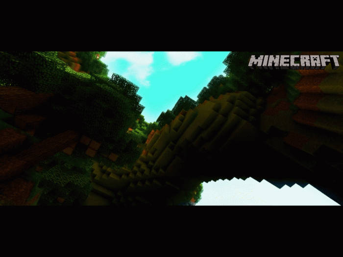 Minecraft遊戲場景，有方塊狀樹木和地形，上方是明亮的天空。