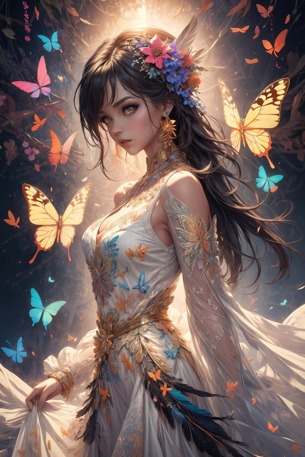 動漫女孩穿著飄逸長裙，在閃耀的光芒中被彩色蝴蝶環繞。 — 唯美蝴蝶動圖 壁紙
