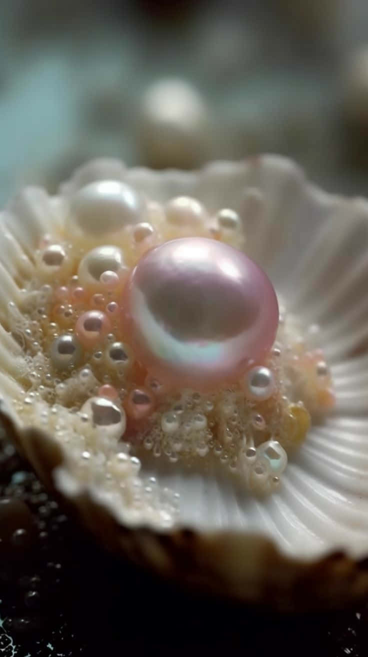 壁紙 — 一顆發光的粉紅色珍珠嵌在貝殼中，周圍環繞著閃閃發光的氣泡和較小的珍珠。