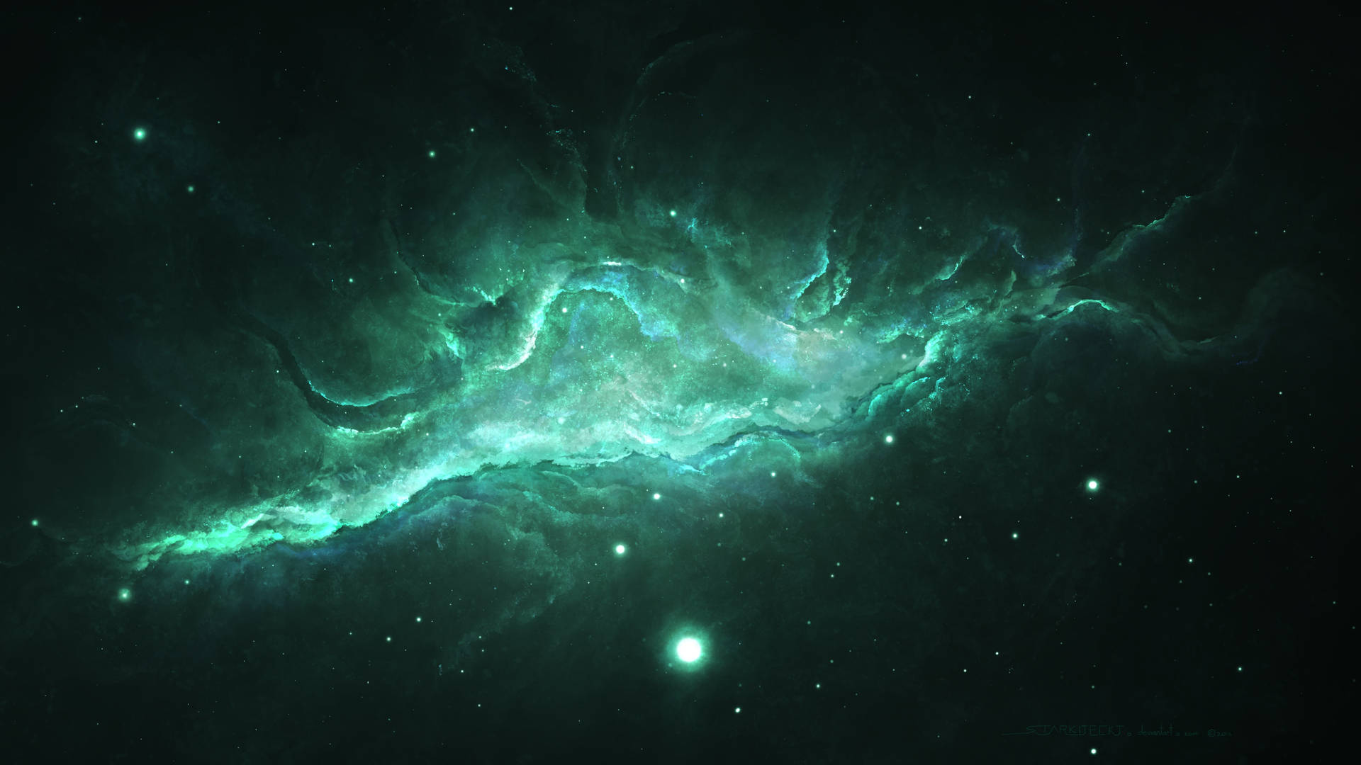在浩瀚太空中，一團發光的綠色星雲伴隨著星星。