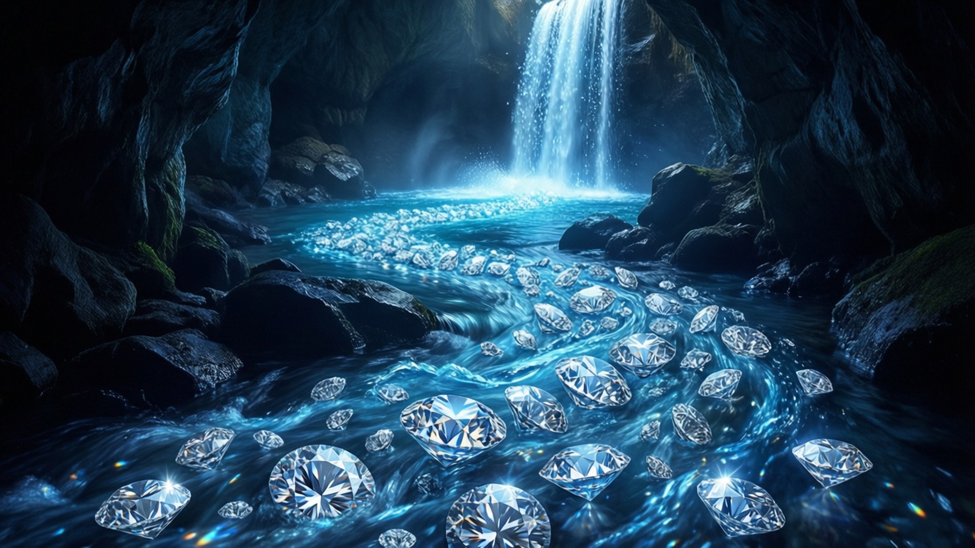 River of Diamonds 壁紙 — 一條發光的瀑布傾瀉而下，落入一個水晶般清澈的水池，水池中充滿了閃閃發光的鑽石，這些鑽石隱藏在神秘洞穴中的黑暗岩石之間。