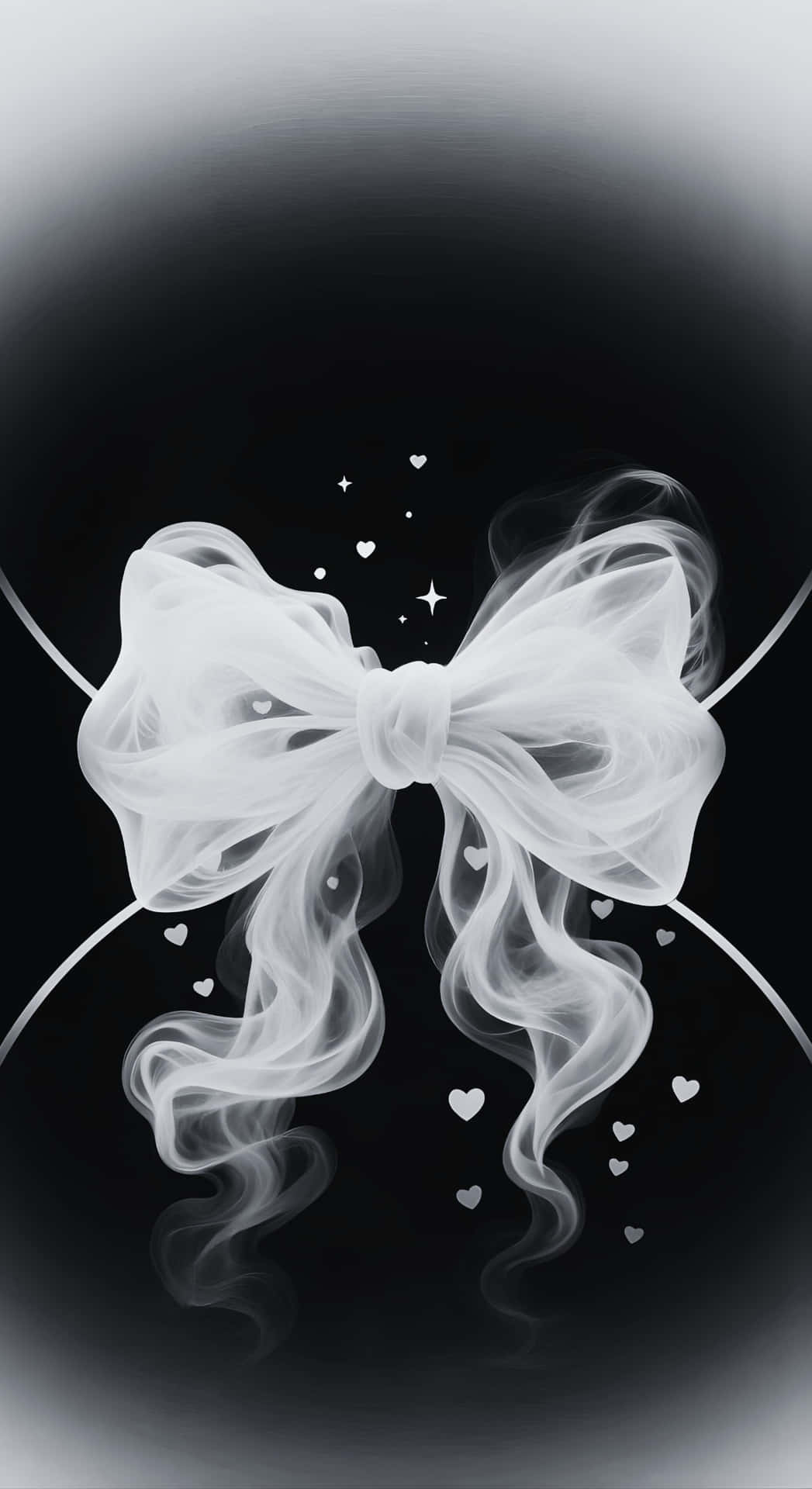  壁紙 — 一個發光的白色煙霧蝴蝶結漂浮在漸變黑色背景上，帶有漂浮的心形和星星。