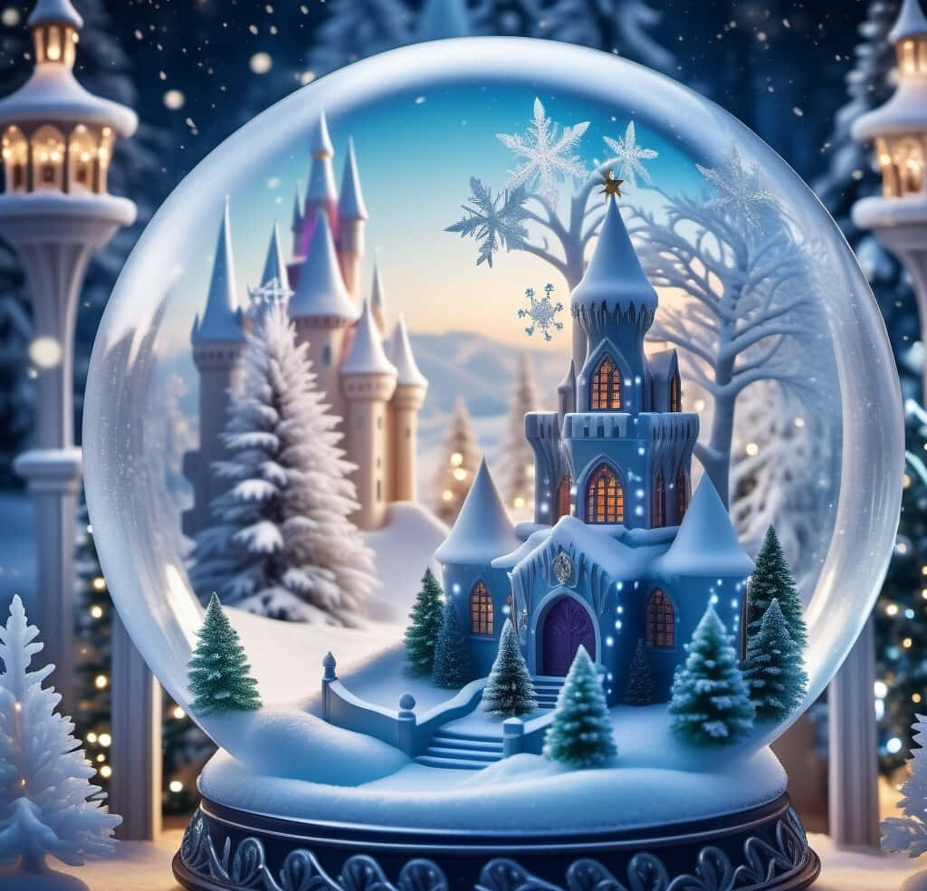  壁紙 — 一個魔法雪球內藏一座發光的冬季城堡，雪花圍繞著被照亮的塔樓和積雪的常青樹旋轉。