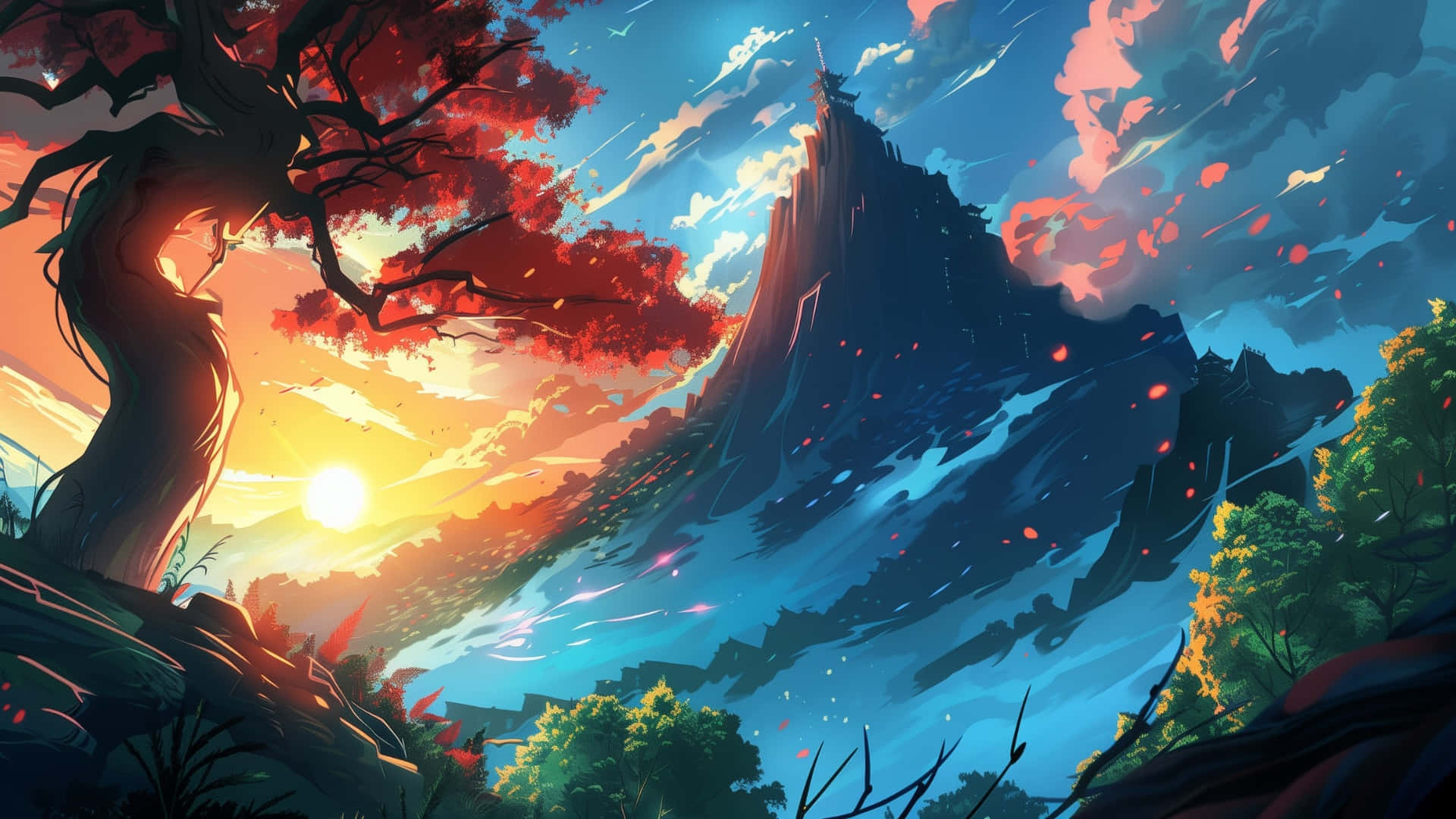  壁紙 — 一座雄偉的動漫風格山峰在充滿活力的日落中升起，由一棵枝節盤錯、葉片火紅的樹木框住。