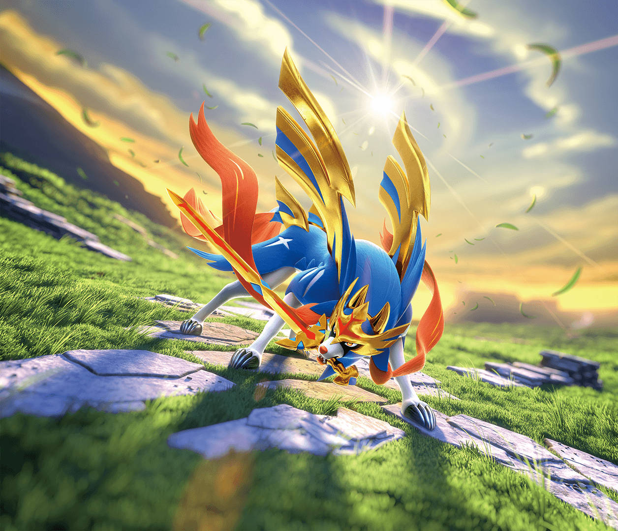 威嚴的 Zacian 站立於綠意盎然的景觀 壁紙 — 一隻雄偉的藍金色神話生物，帶有火焰翅膀，跳過陽光明媚的草地和石徑。