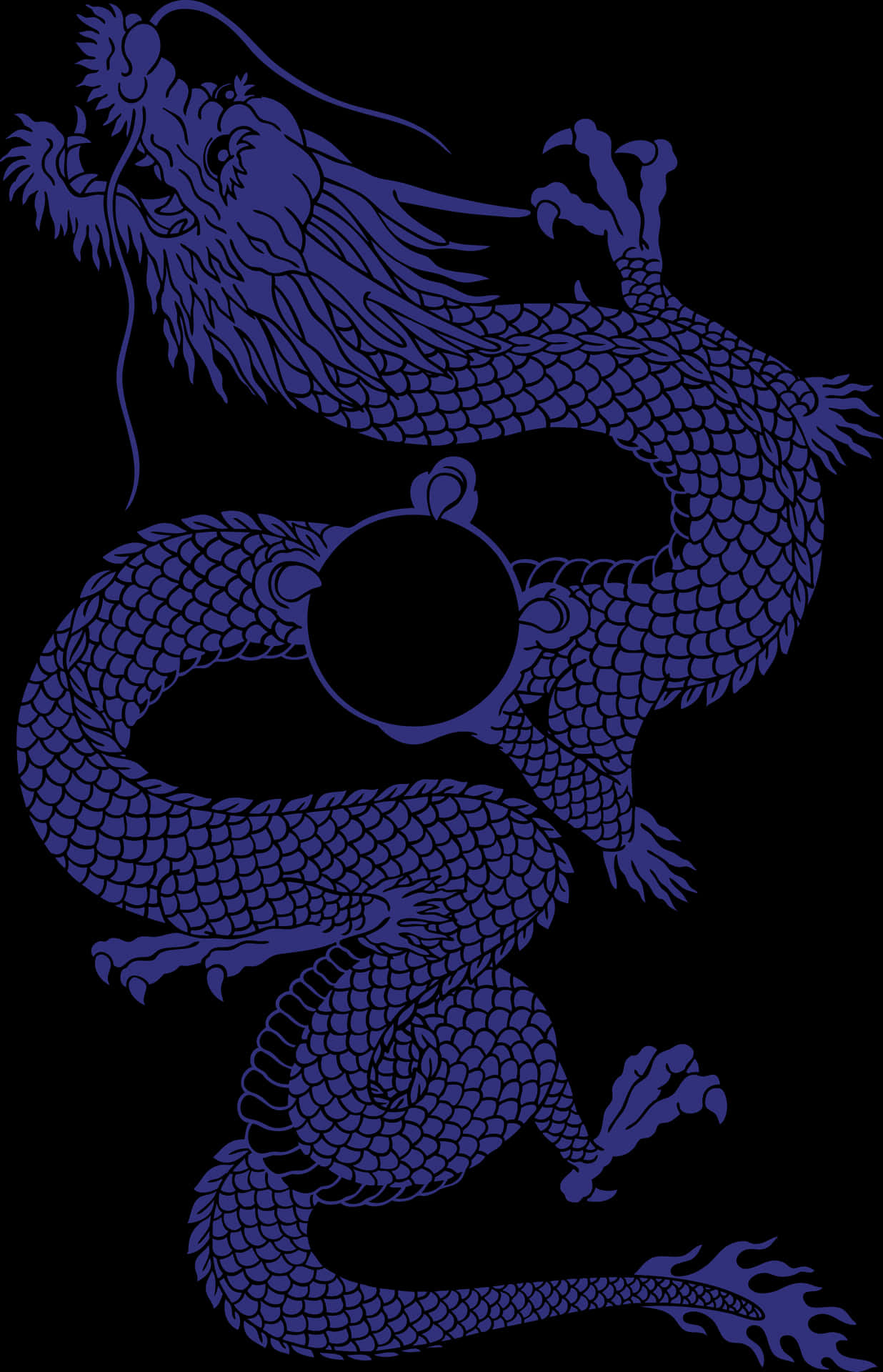  壁紙 — 一條雄偉的藍色龍，帶有精細的鱗片，在純黑背景上動態盤繞。
