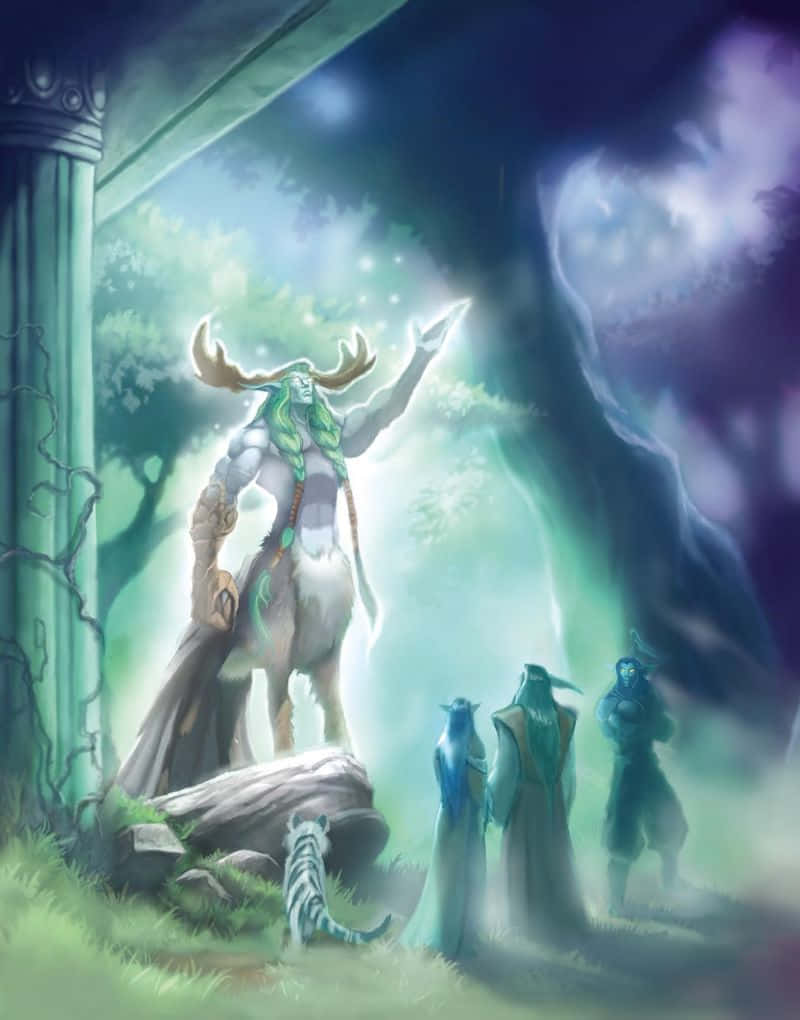  壁紙 — 一位雄偉的鹿頭神祇散發神聖光芒，三位穿長袍的人物和一隻條紋貓科動物從下方見證。
