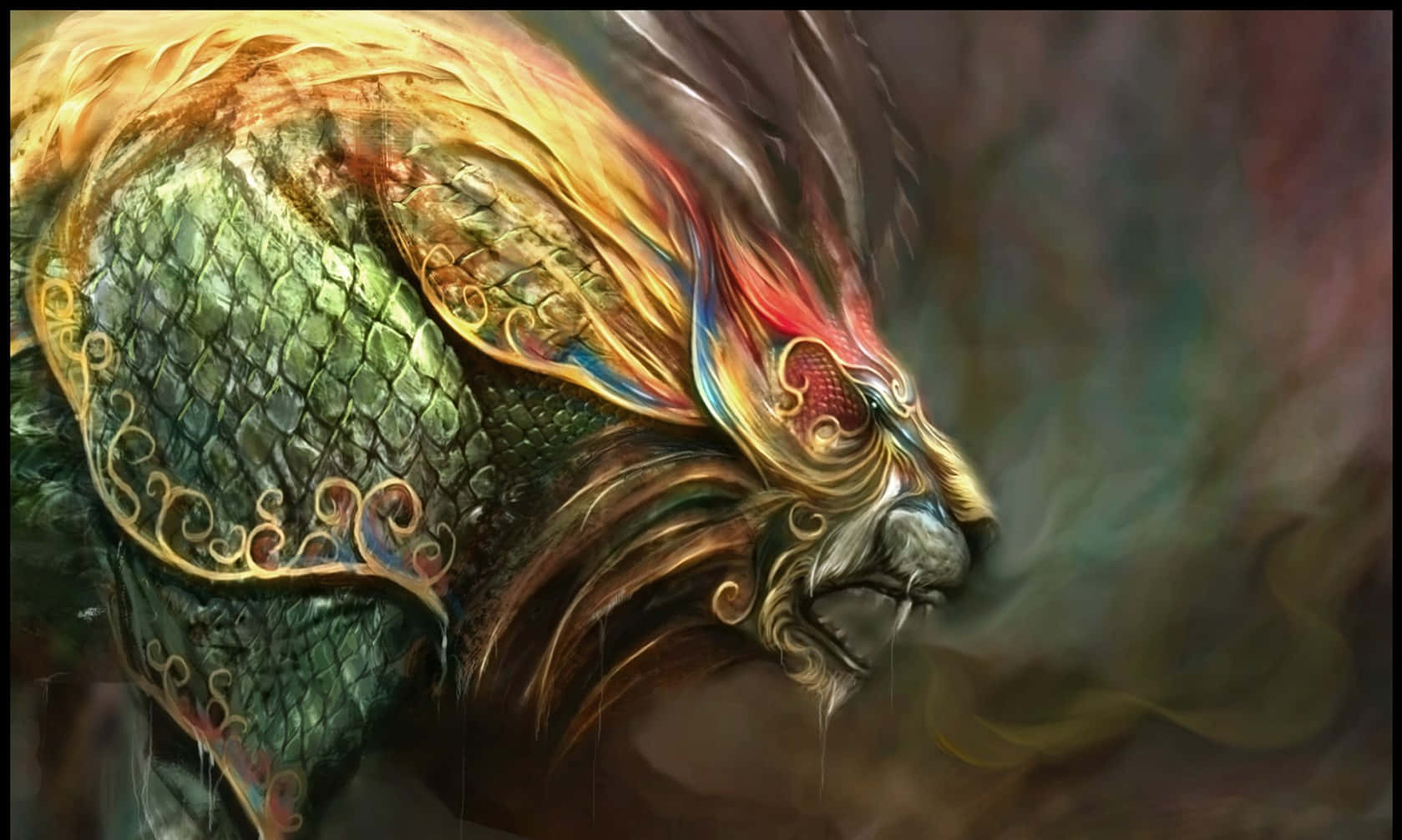 一條兇猛的龍，身披華麗的綠色鎧甲，鬃毛如火，在黑暗煙霧的場景中咆哮。