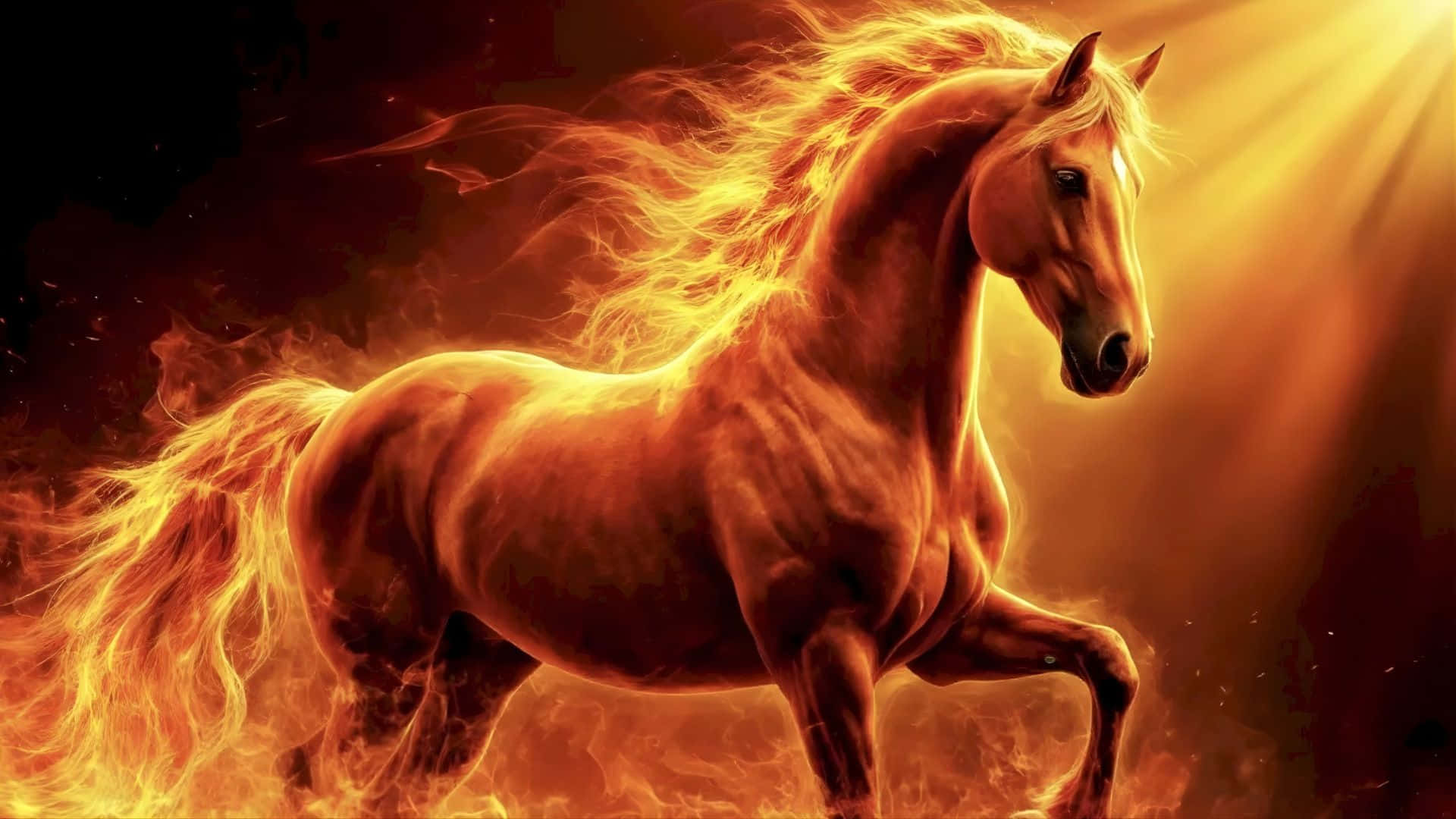  壁紙 — 一匹雄偉的火焰馬向前奔馳，鬃毛和尾巴閃耀著光芒，映襯著燦爛的金色背景。