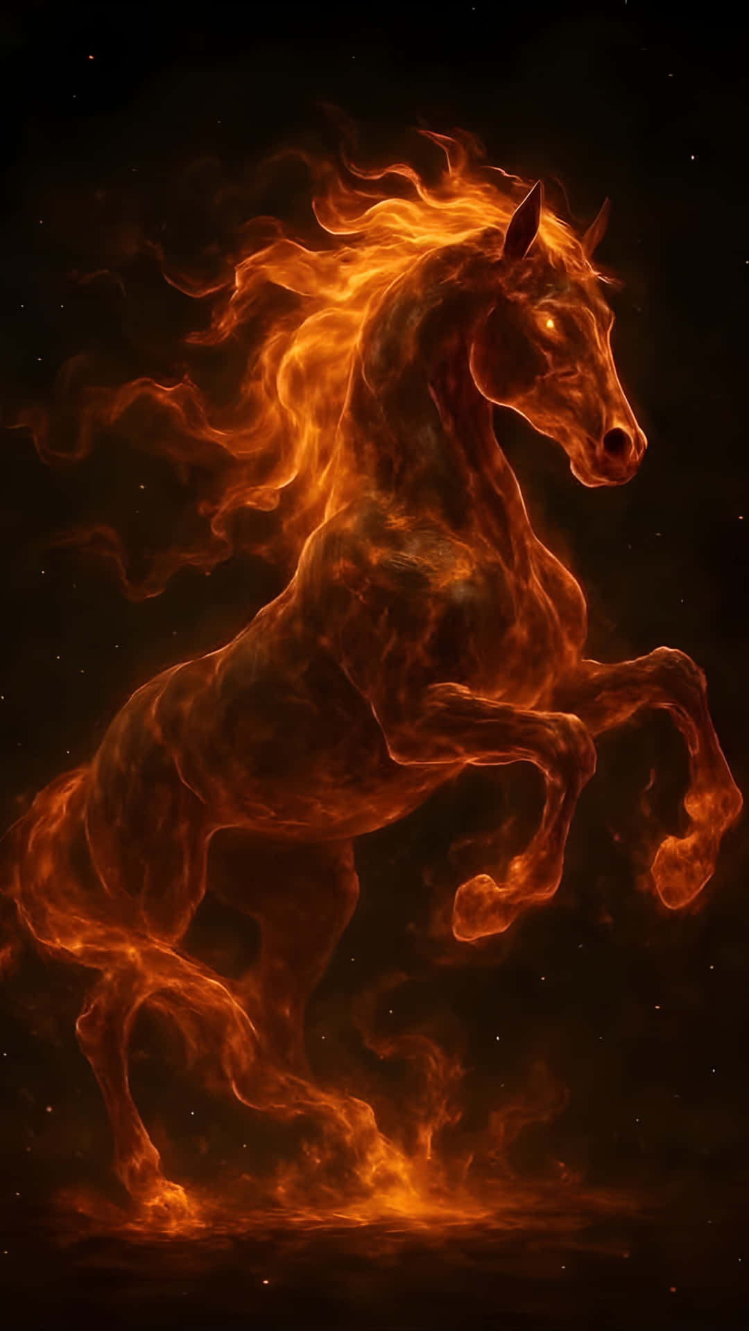  壁紙 — 一匹雄偉的火馬在繁星點點的夜空下揚起前蹄，熾熱的橙色火焰在其強壯的身軀周圍旋轉。