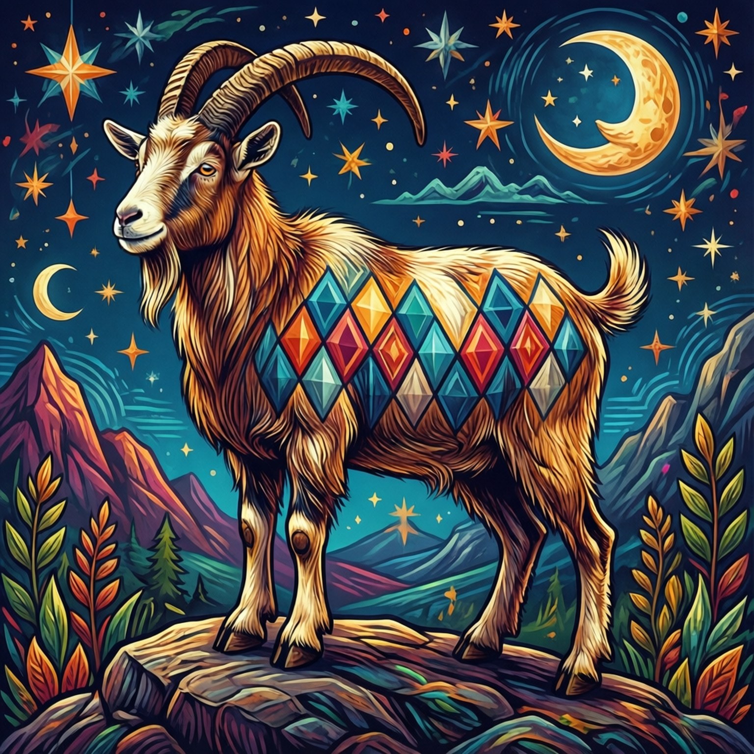 Folk Art Goat 壁紙 — 一隻帶有彩色幾何圖案嘅雄偉山羊企喺岩石山頂上，背景係有新月嘅星空夜空。