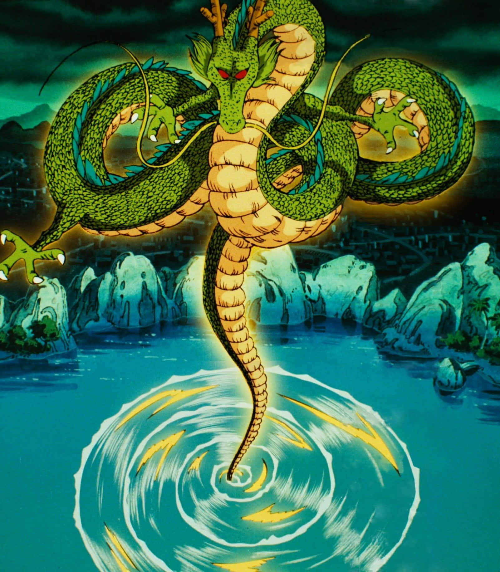  壁紙 — 一條雄偉的綠色紅眼巨龍從旋轉的水漩渦中出現，背景是暴風雨的夜空。