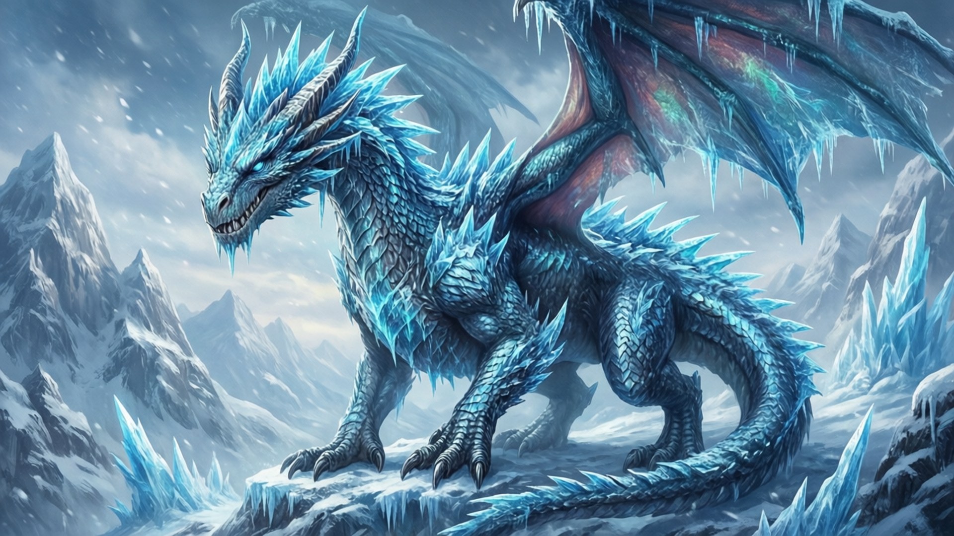 Frozen Dragon 壁紙 — 一隻雄偉的冰龍，擁有發光的藍色鱗片和裝飾其翅膀的冰柱，矗立在白雪皚皚的山頂上。