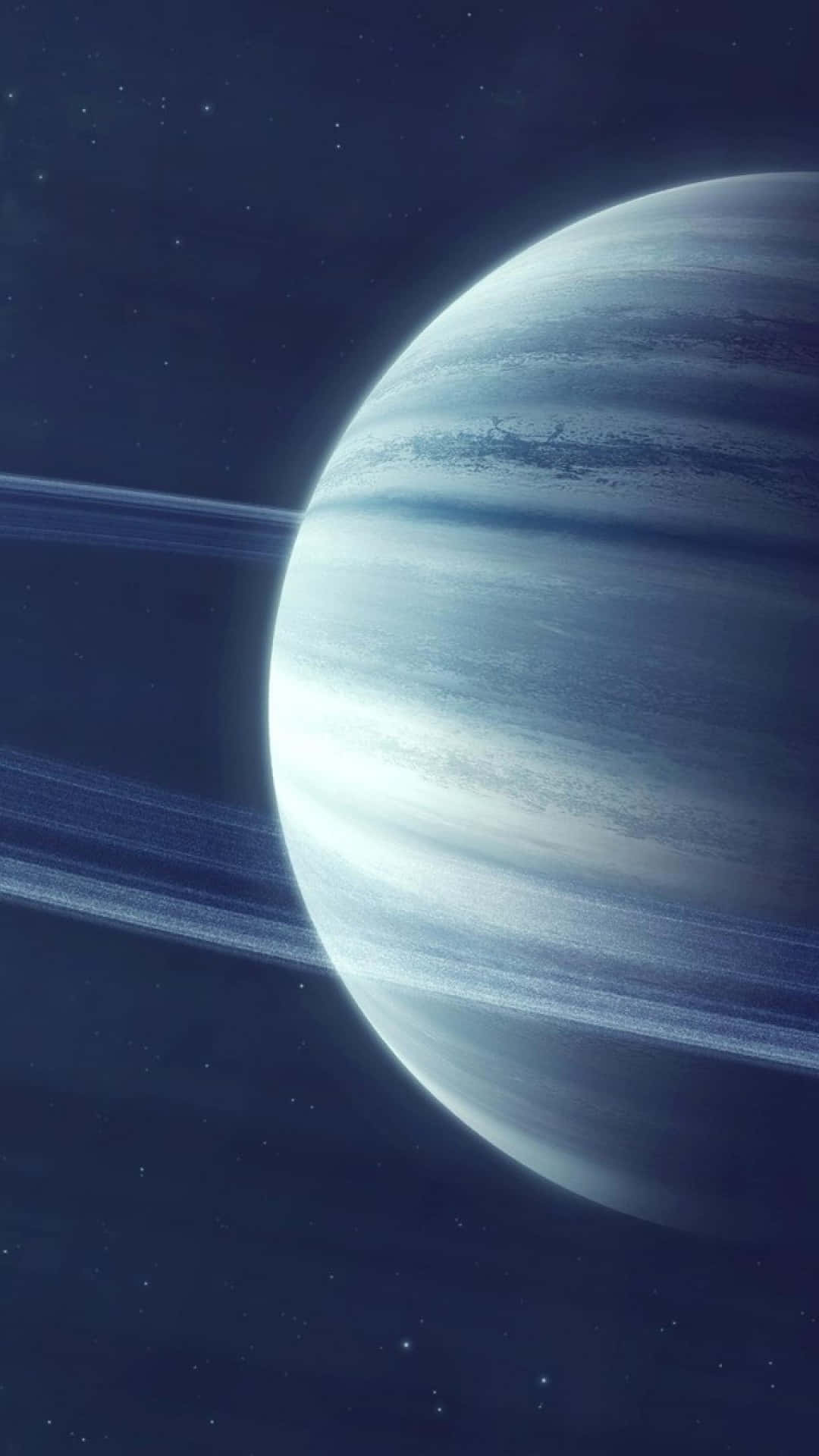 一顆帶有環的藍色行星，漂浮在星空場景中。