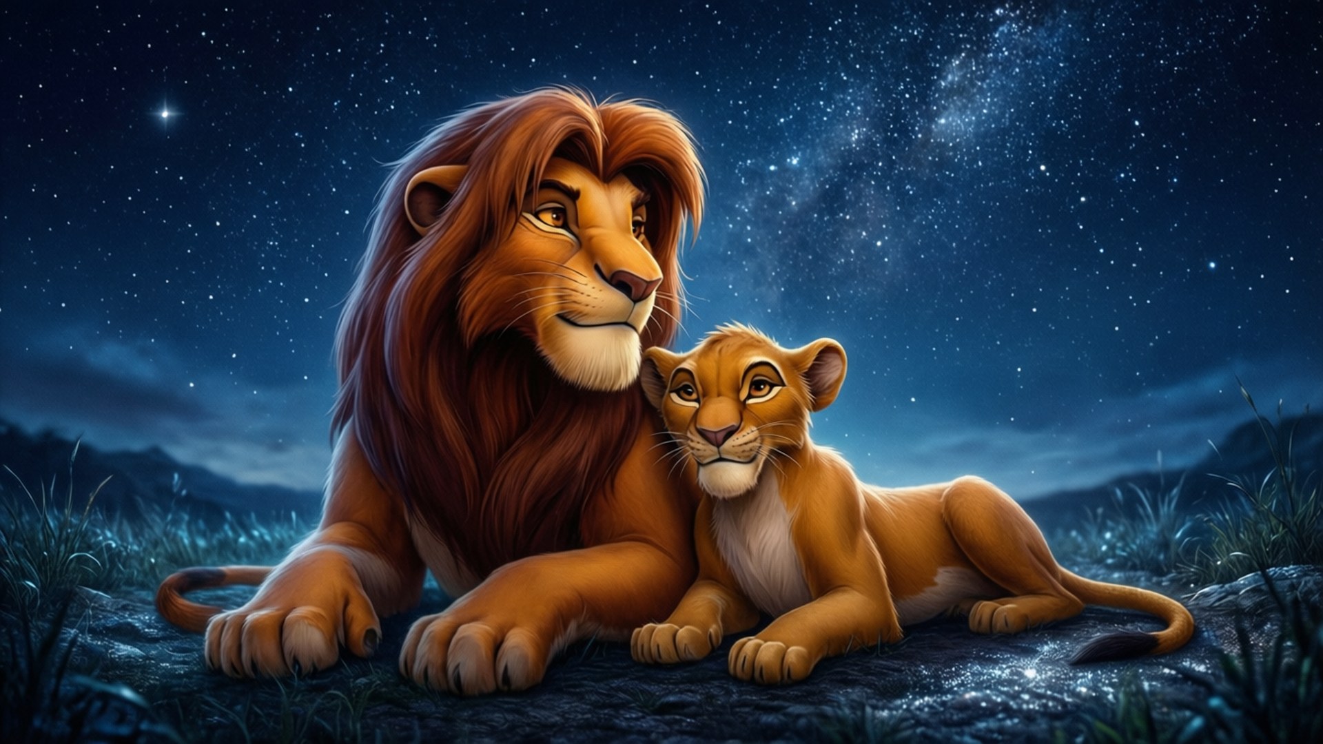 Simba and Nala Under Stars 壁紙 — 一頭雄偉的獅子和他的幼崽在繁星點點的夜空下休息，銀河在他們上方閃耀。