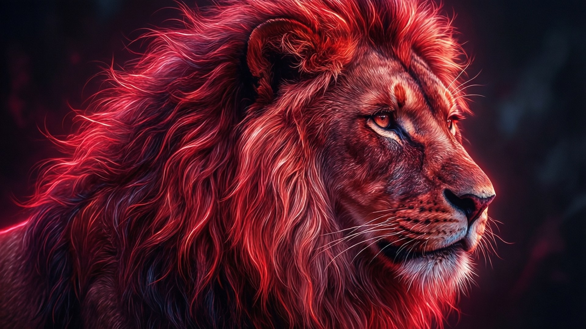 Neon Red Lion Portrait 壁紙 — 一頭雄偉的獅子，擁有火紅色的鬃毛，在黑暗背景的戲劇性數位肖像中閃耀。