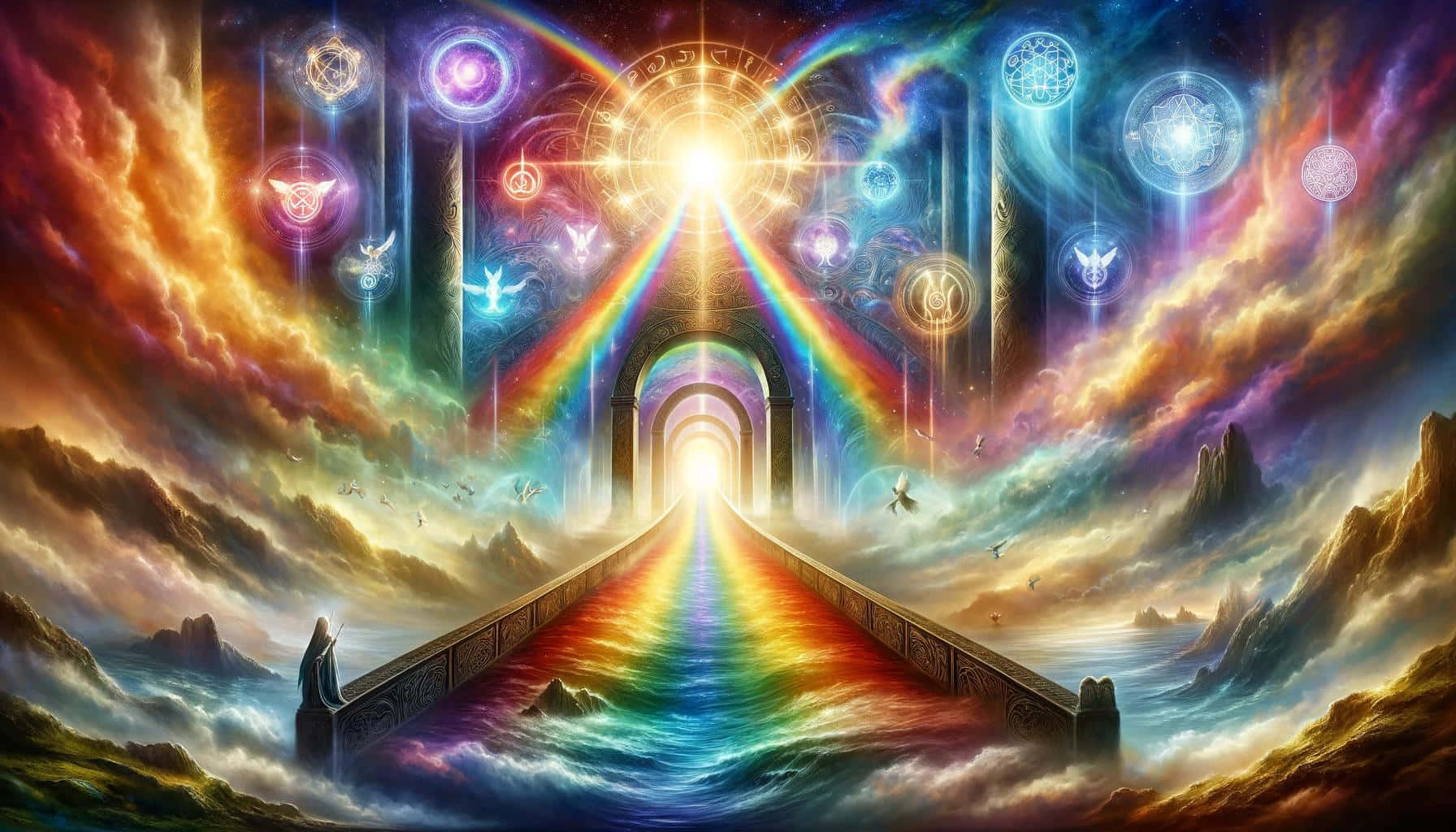  壁紙 — 一座雄偉的彩虹橋橫跨洶湧的水域，通往一個裝飾著發光神秘符號的燦爛天界拱門。
