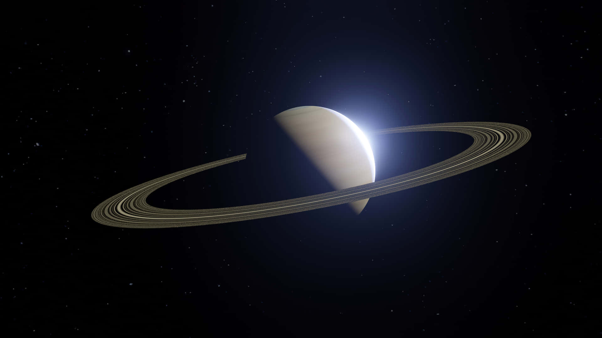 一顆環狀行星在太空中發光，背景有星星。