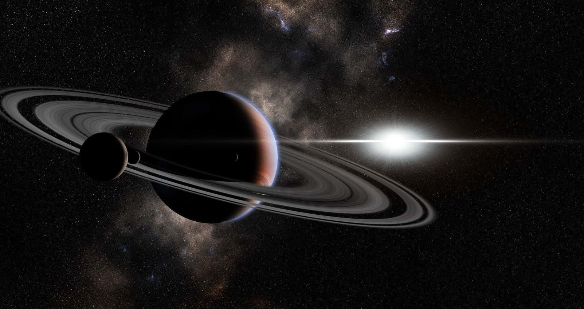 深空中被恆星和宇宙雲環繞的環狀行星，帶有太陽光束。