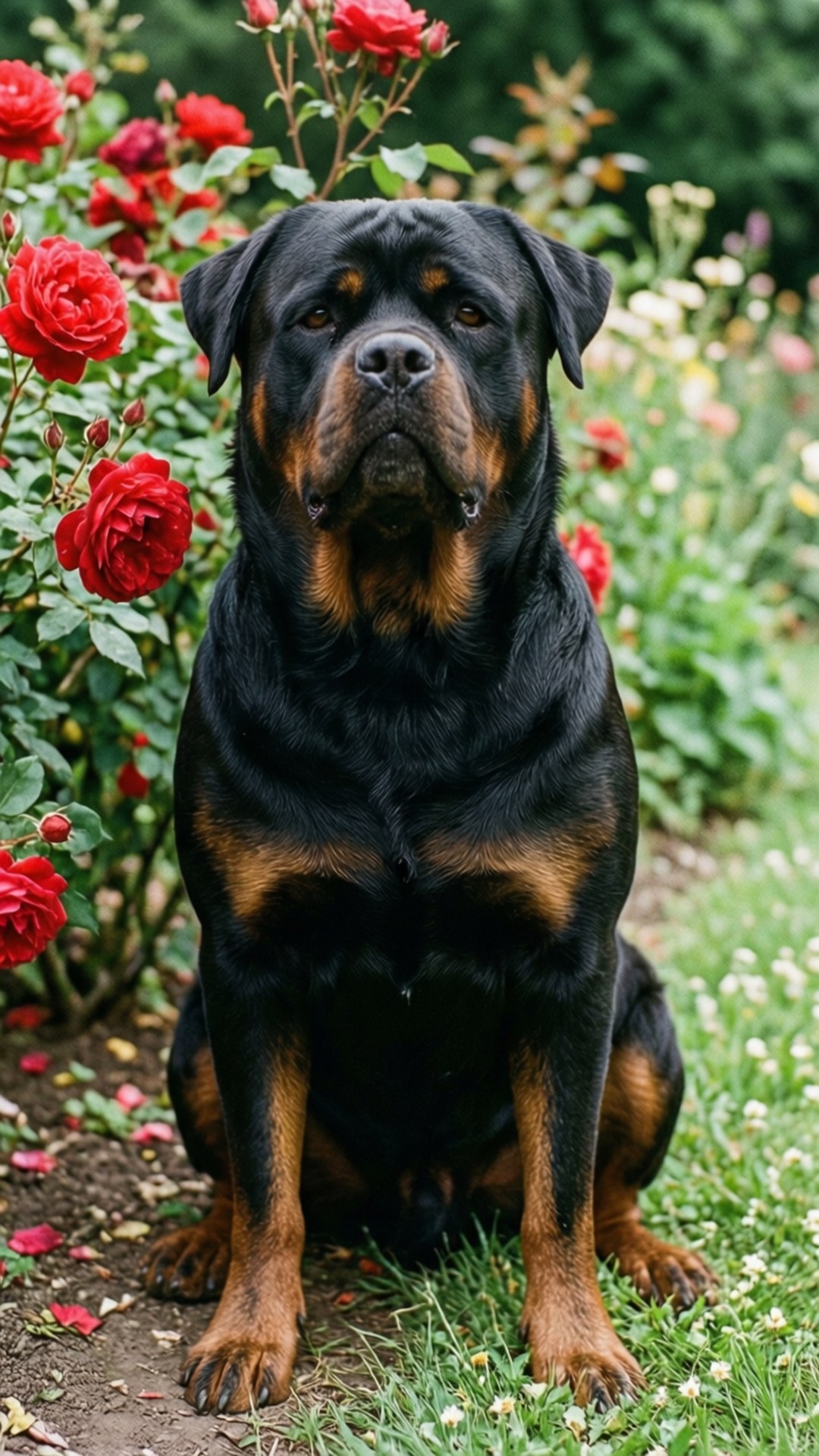 fat dog 桌布 壁紙 — 一隻威風凜凜的羅威納犬在陽光明媚的花園中，警覺地坐在鮮豔的紅玫瑰和綠葉之間。