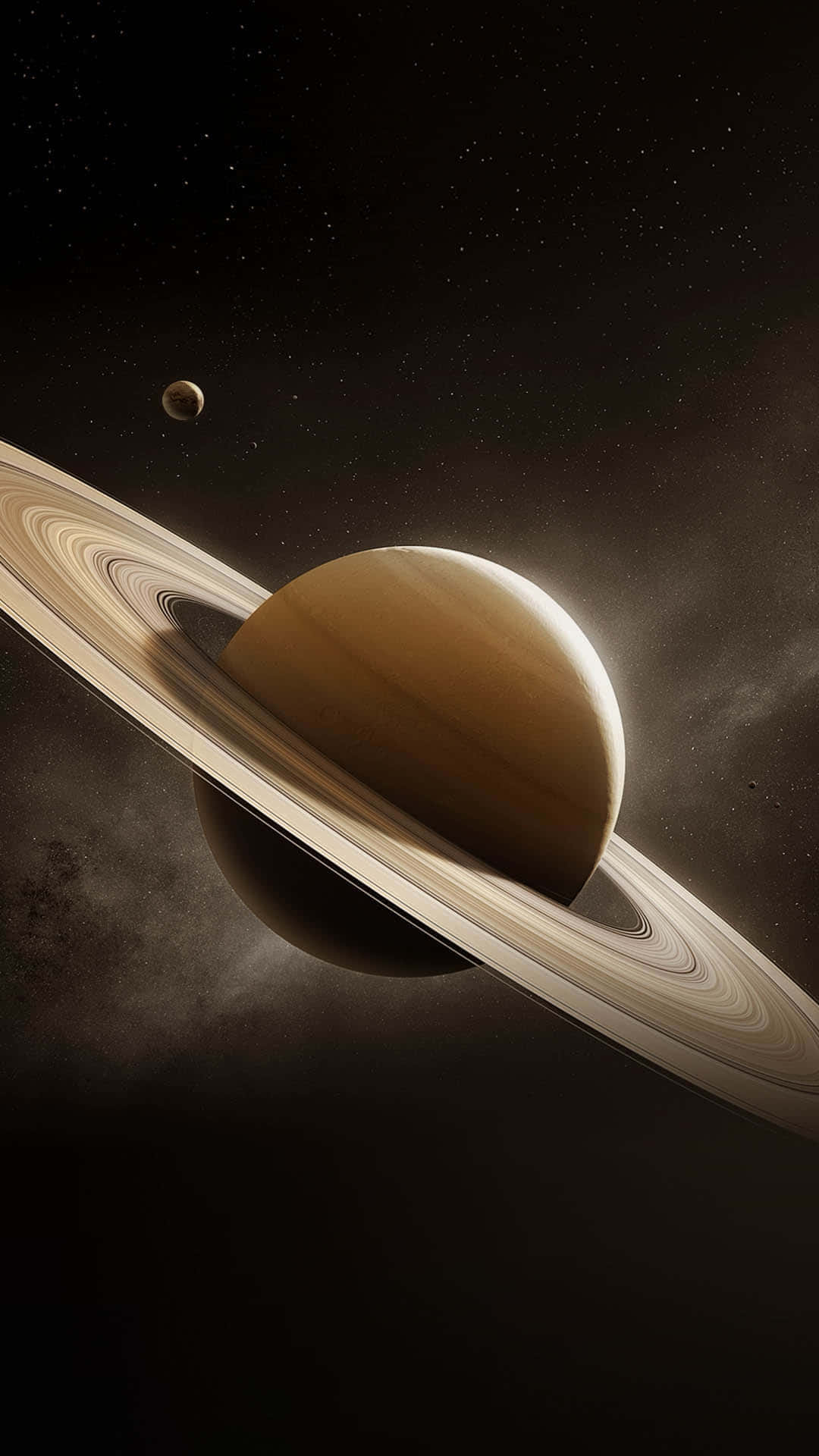  壁紙 — 一顆雄偉的土星帶有複雜的環，在繁星點點的宇宙背景下發光，附近有一顆小衛星。