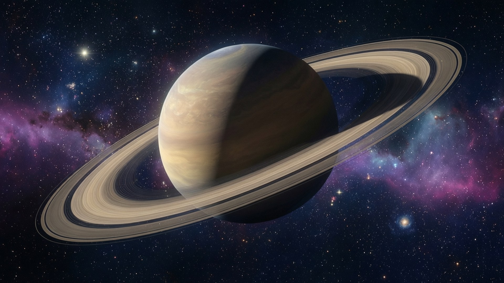 1280x720 桌布 壁紙 — 宏偉的土星及其標誌性光環在繁星和紫色星雲組成的生動宇宙背景下閃耀。