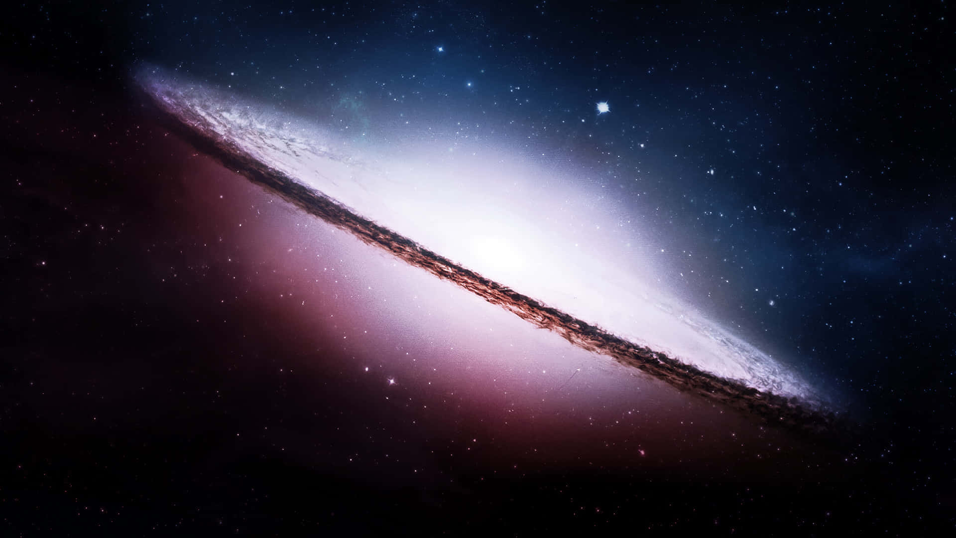  壁紙 — 一個宏偉的螺旋星系在繁星點點的宇宙背景下散發出粉紅色和白色的色調。