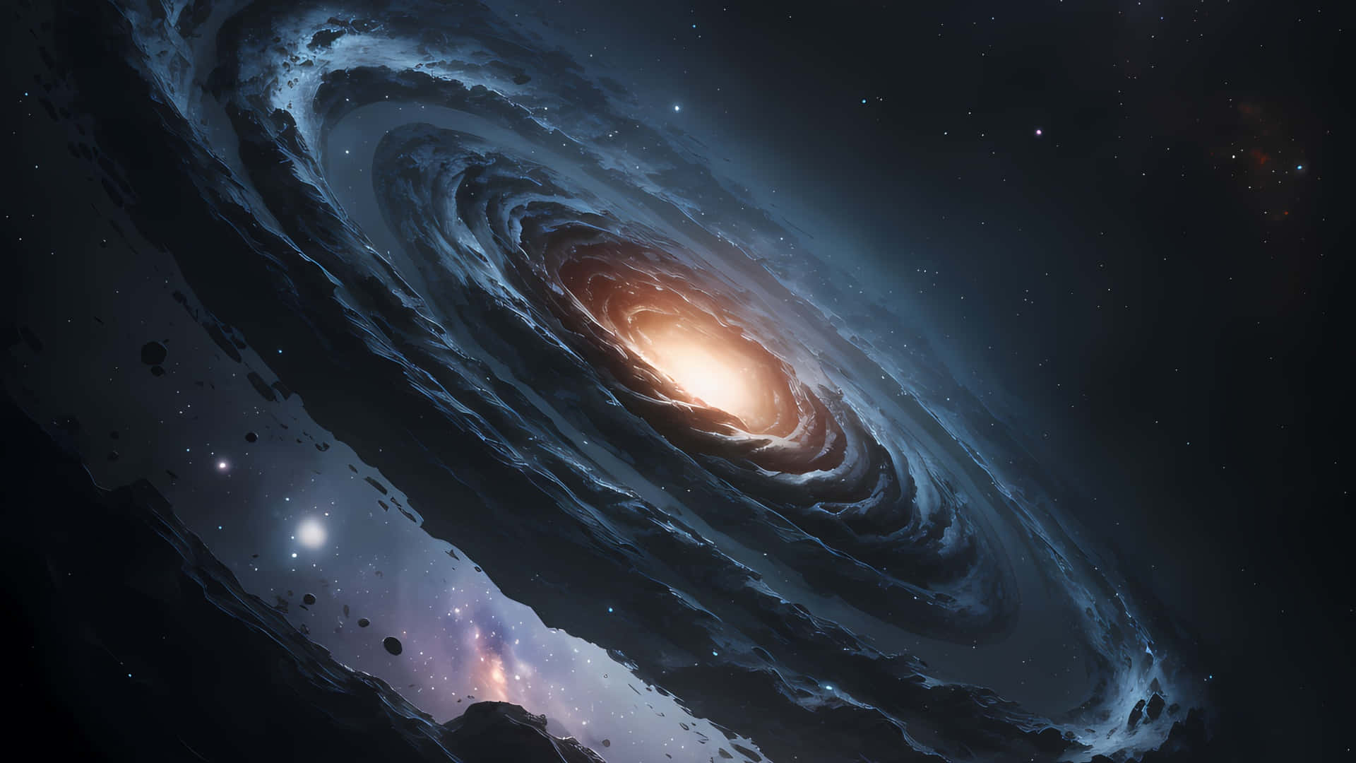  壁紙 — 一個壯麗的螺旋星系，帶有發光的藍色旋臂和燦爛的金色核心，在繁星點點的宇宙背景下旋轉。