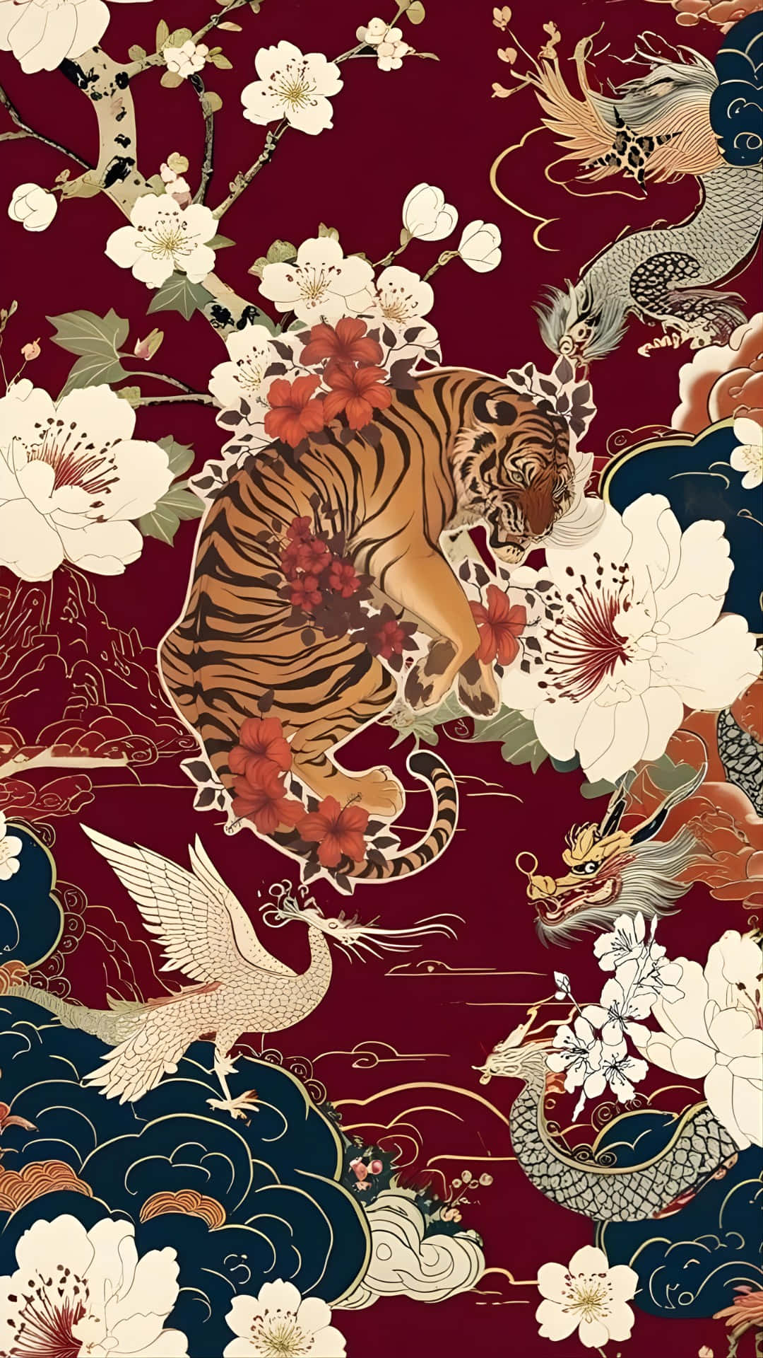  壁紙 — 一隻雄偉的老虎點綴著紅花，在深栗色背景上於白花與神話龍之間跳躍。