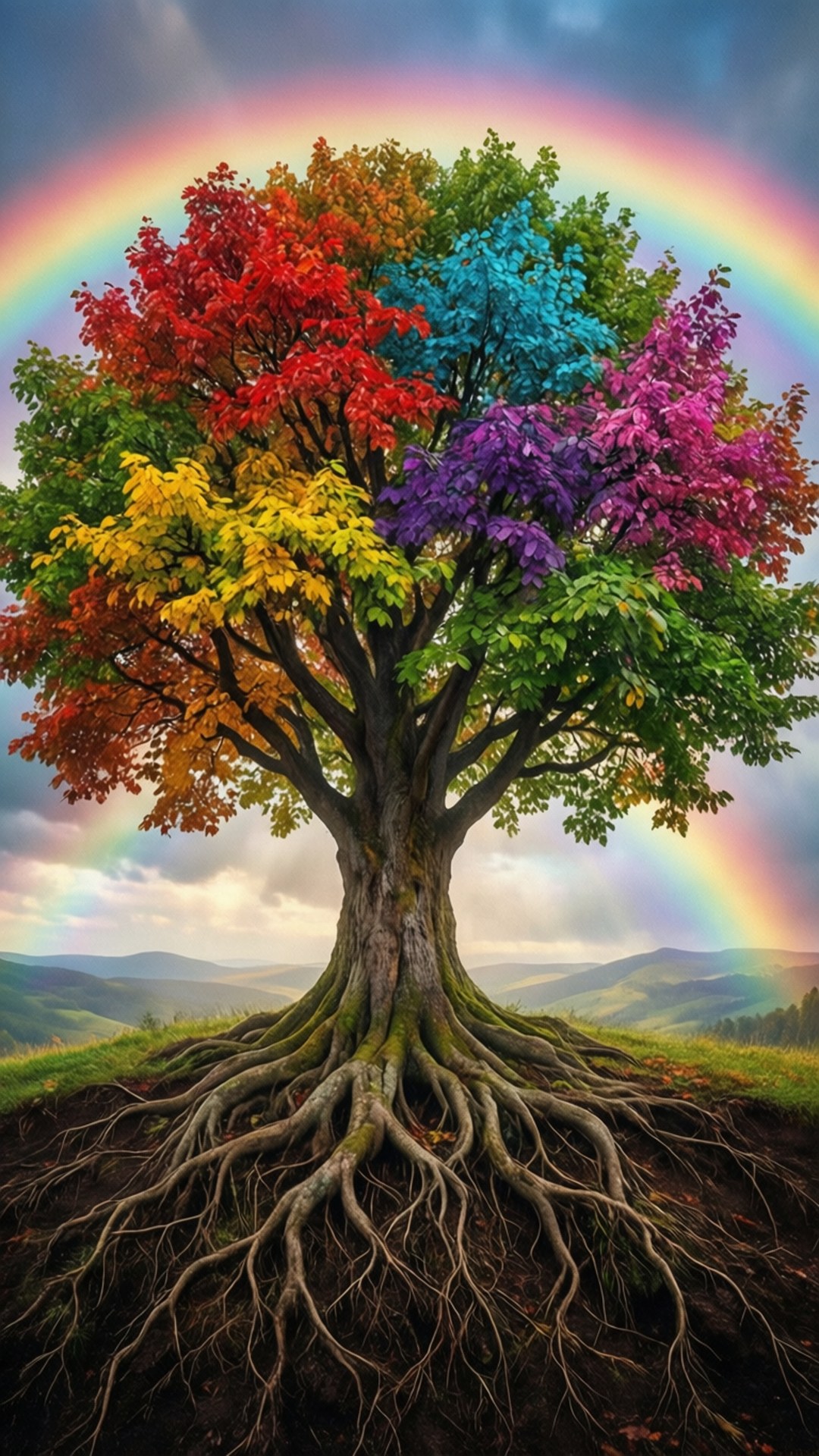 Tree of Unity 壁紙 — 一棵雄偉的樹，擁有彩虹色的葉子，根植於大地，雙彩虹橫跨多雲的天空。