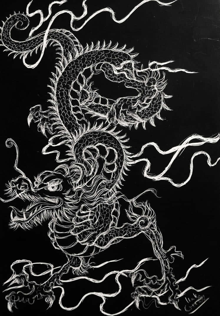 Dragon Aesthetic 桌布 壁紙 — 一條以白色線條繪製的雄偉龍，在帶有漩渦雲紋的漆黑背景上動態盤繞。